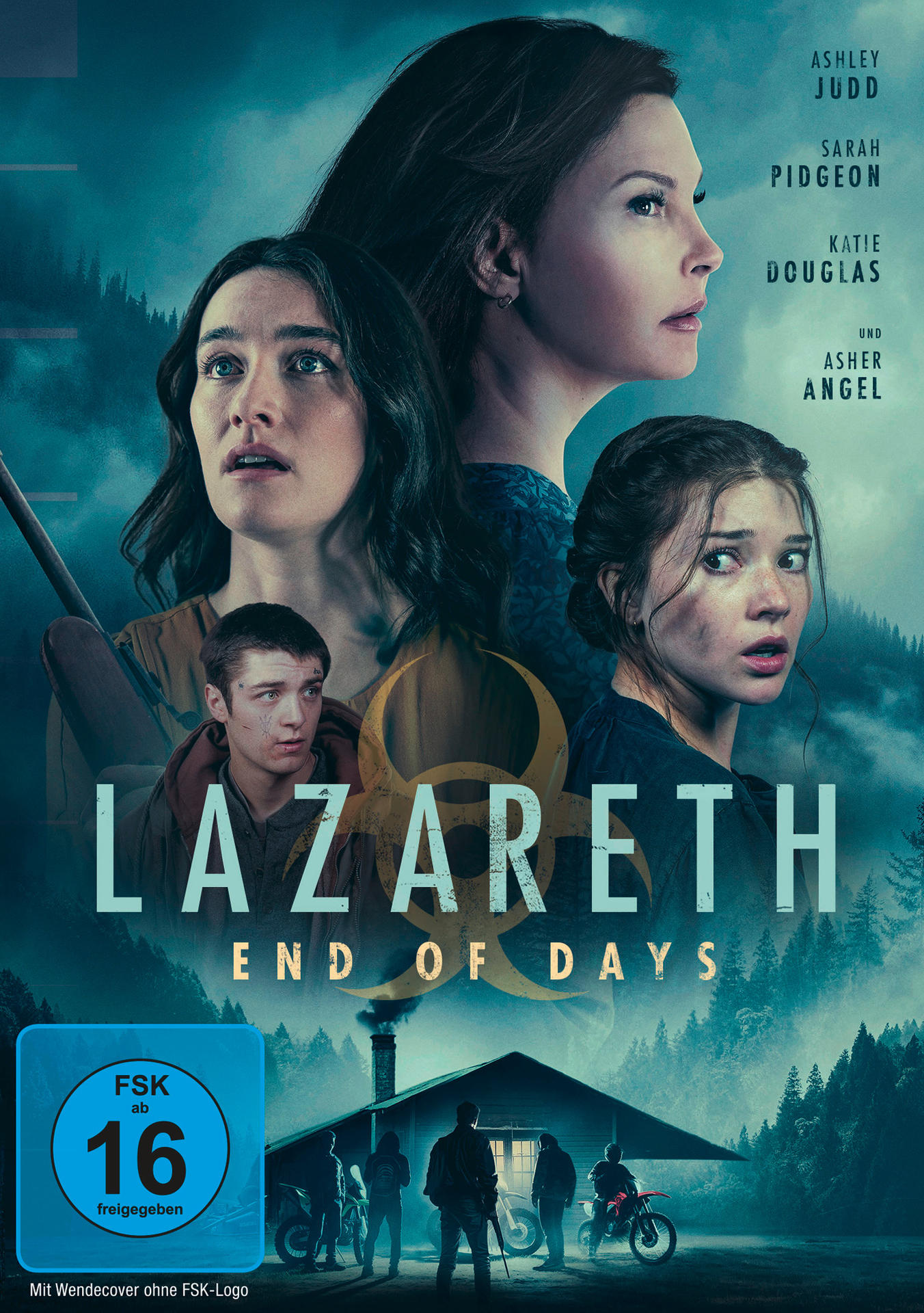 Filmposter: Personengruppe, Frauengesicht, Titel 'Lazareth' und Wald.