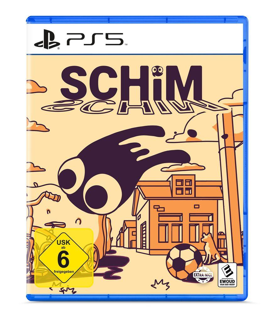PS5-Spielhülle, Titel "Schim", Cartoon-Stadtillustration, Hund, Fußball, USK-Logo.
