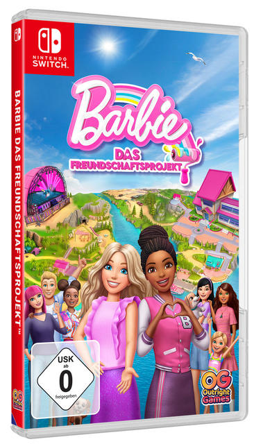 Videospiel-Cover mit Barbie-Charakteren. Das Cover hat ein rosa und blaues Thema.