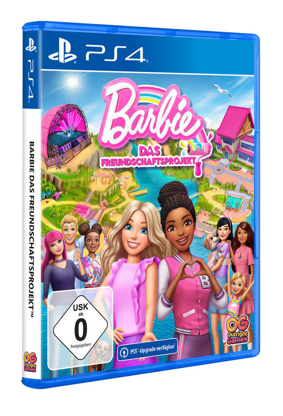 Eine PS4-Spielhülle von Barbie mit mehreren Barbie-Puppen und dem Spieletitel.