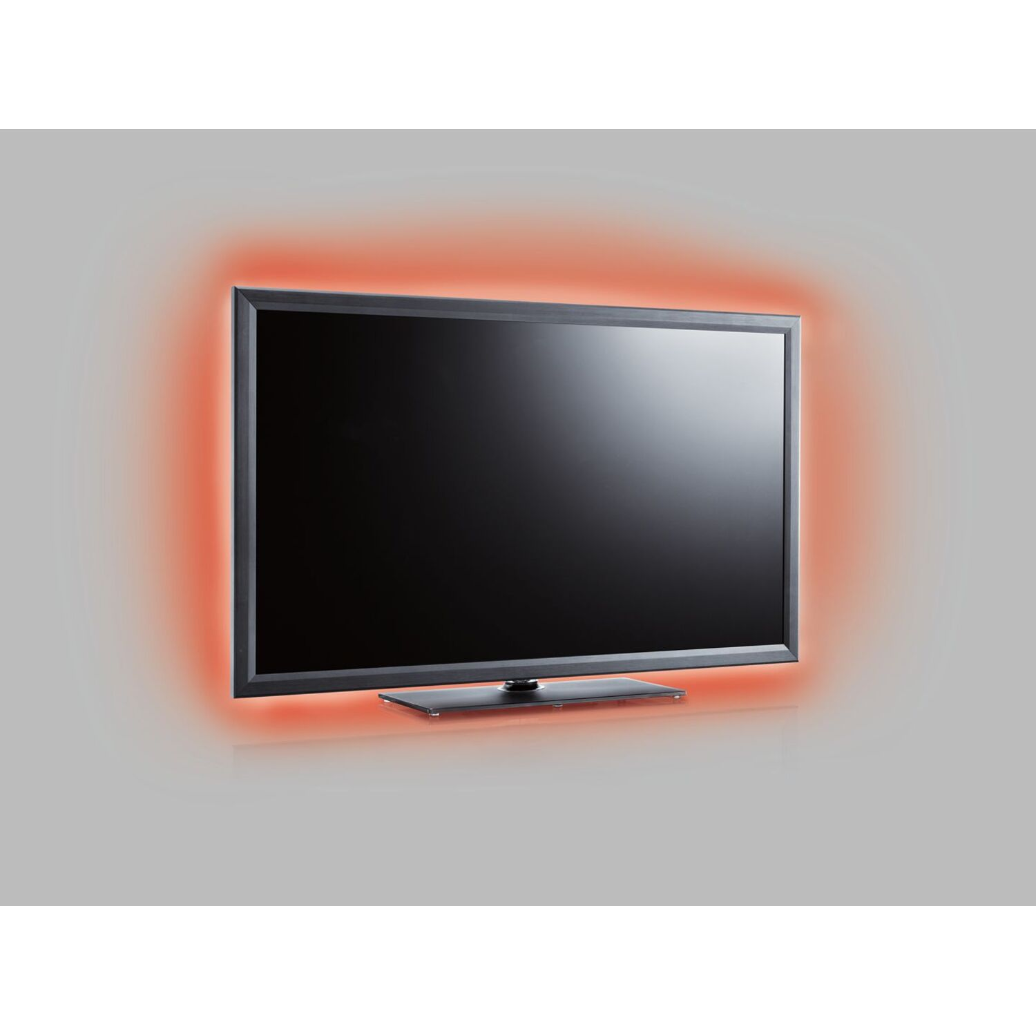 A black TV screen surrounded by a red glowing light frame, on a grey background.