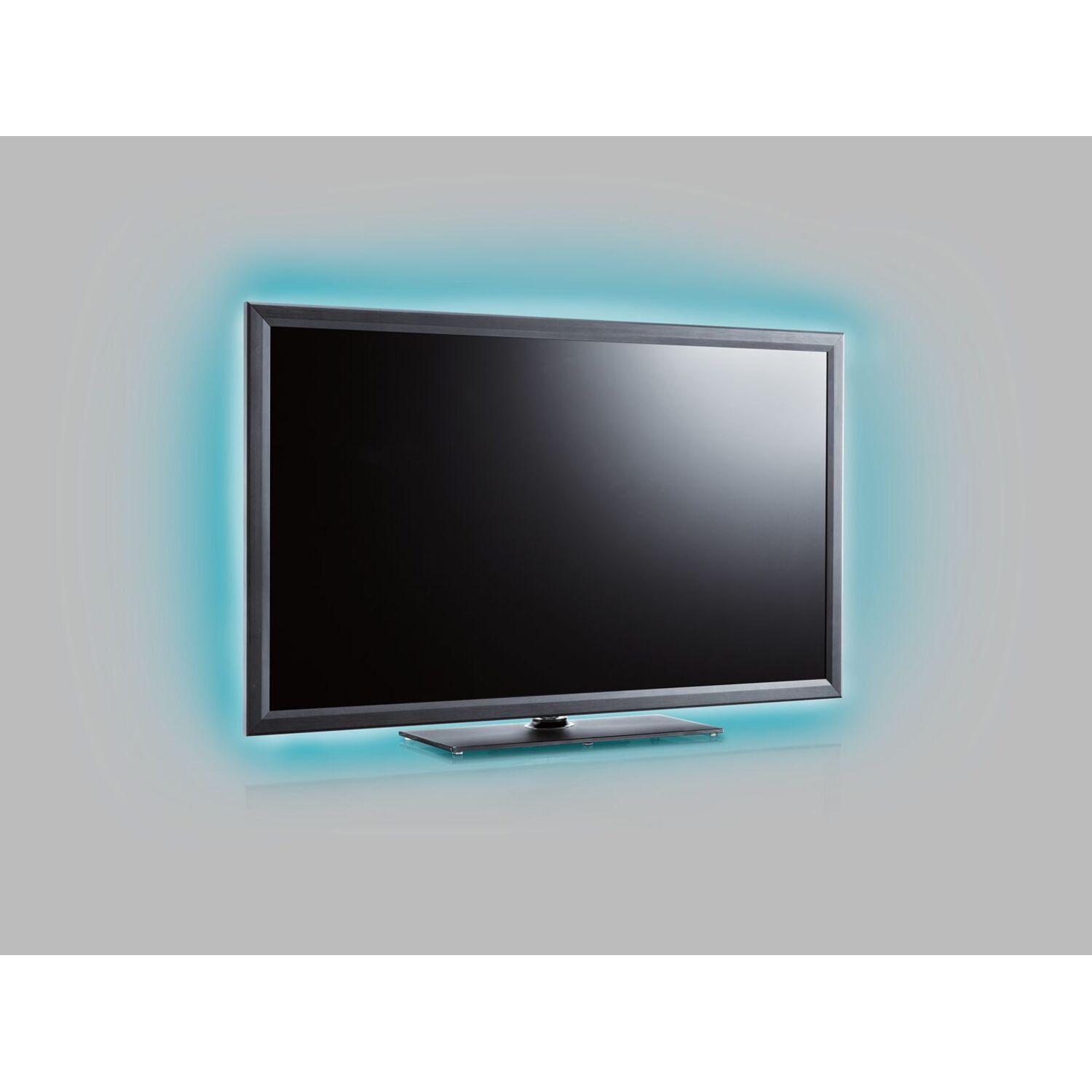 Television with a blue light border, on a gray background.
