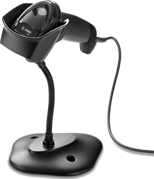 Schwarzer Zebra Barcode-Scanner auf einem Ständer. Er hat einen Schwanenhals und eine Basis.