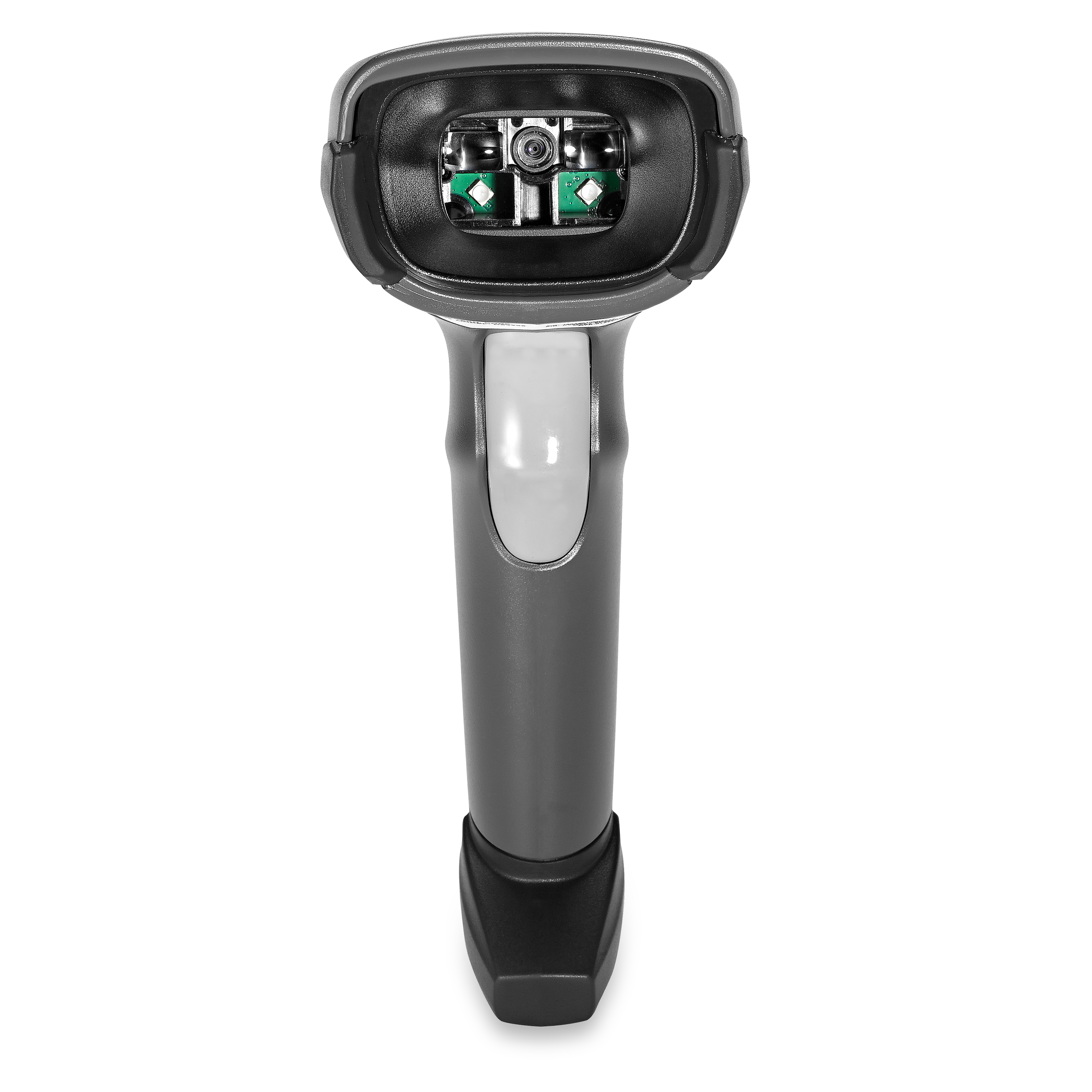 Grauer Barcode-Scanner, Draufsicht mit Scan-Komponenten.