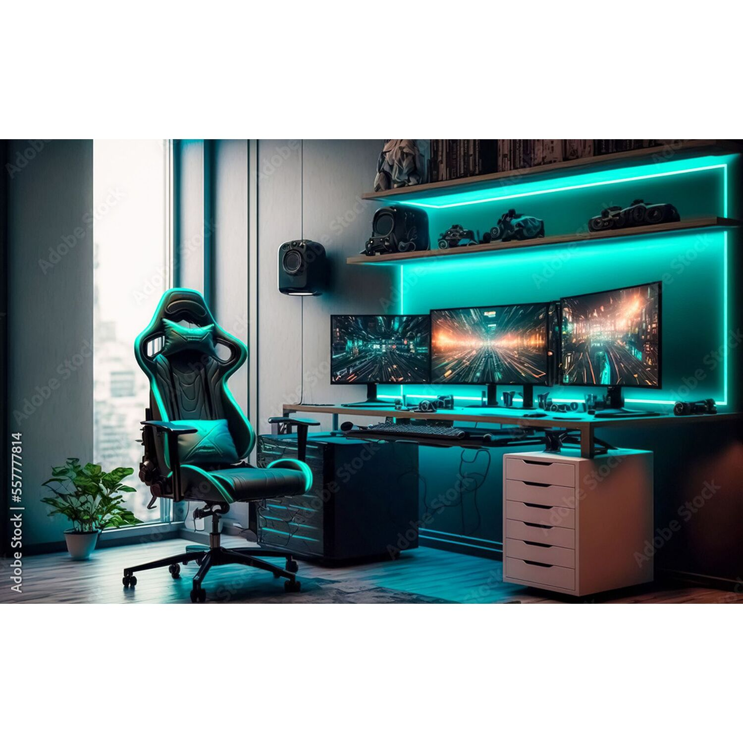 Gaming setup with triple monitors, neon lighting, chair, and shelves.