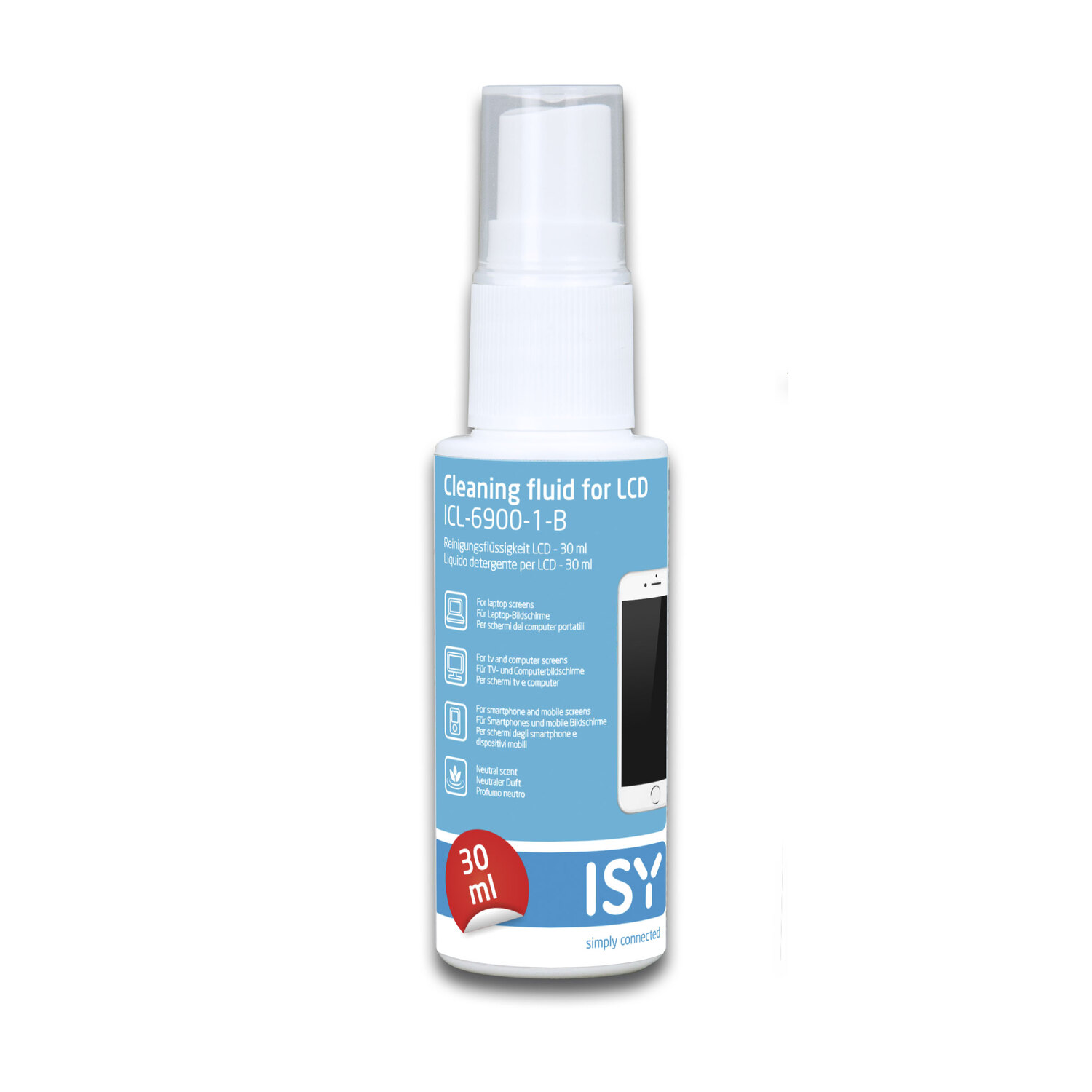 Een flesje reinigingsvloeistof voor LCD-schermen met het label 'ISY' en 'Simply connected'.