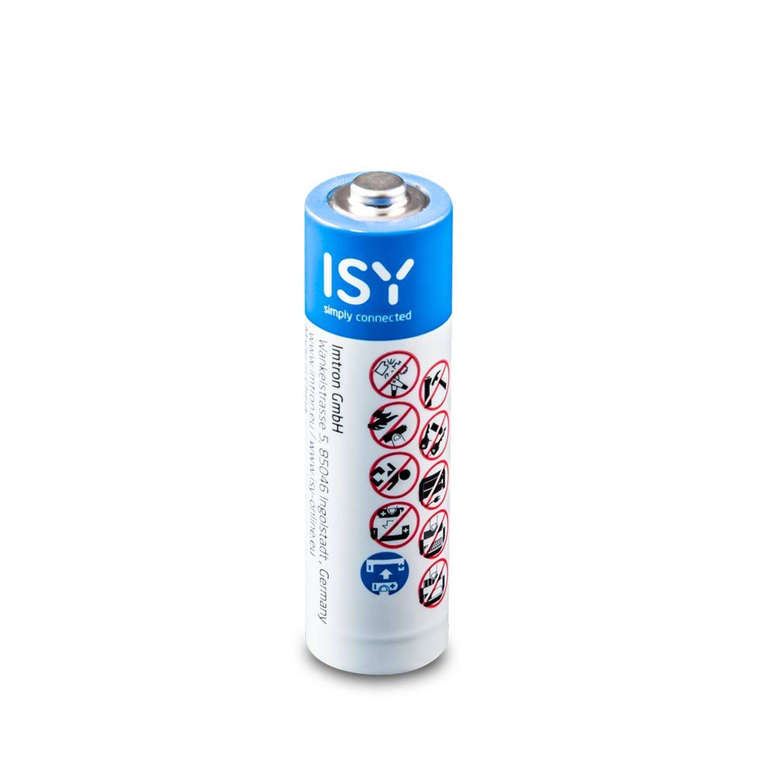 A single cylindrical AA battery with blue and white labeling, upright on a white background.