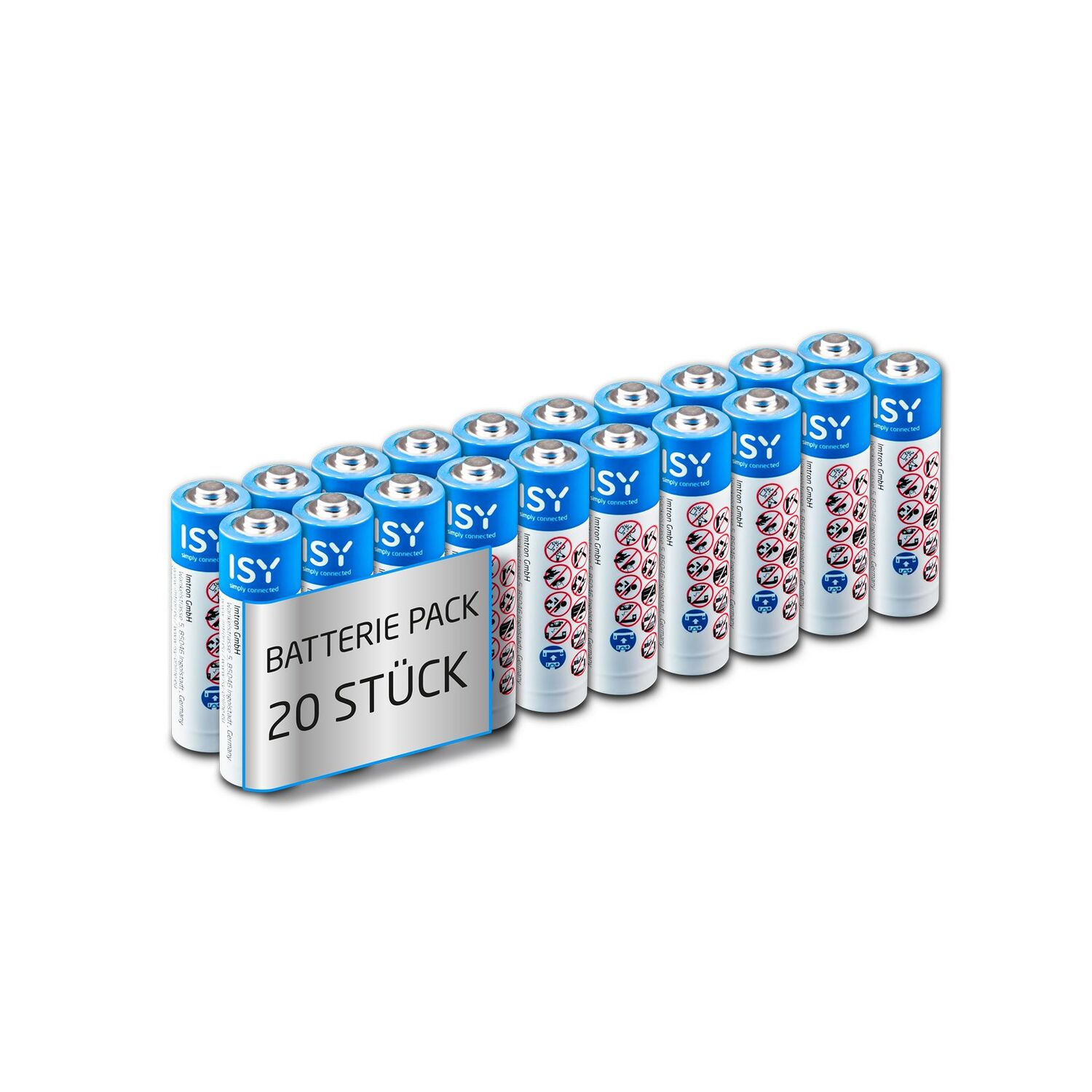 Verpakking van 20 ISY AA-batterijen met een blauw-wit ontwerp.