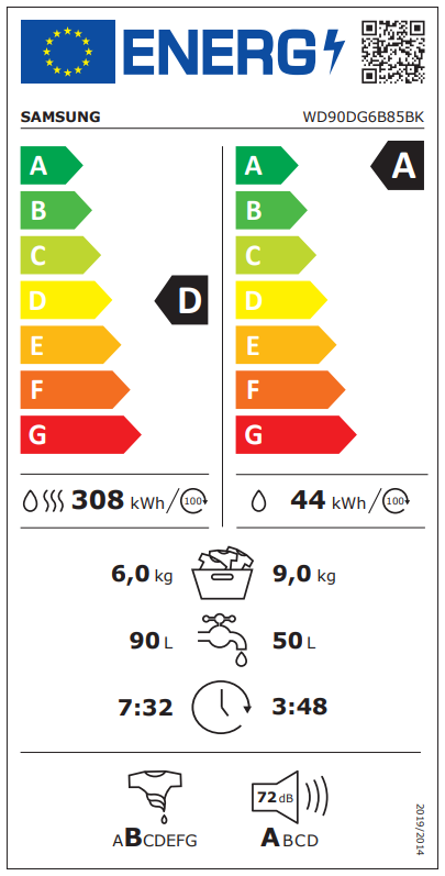 Energia címke. Megjeleníti az energiahatékonysági besorolást és a készülék specifikációit.