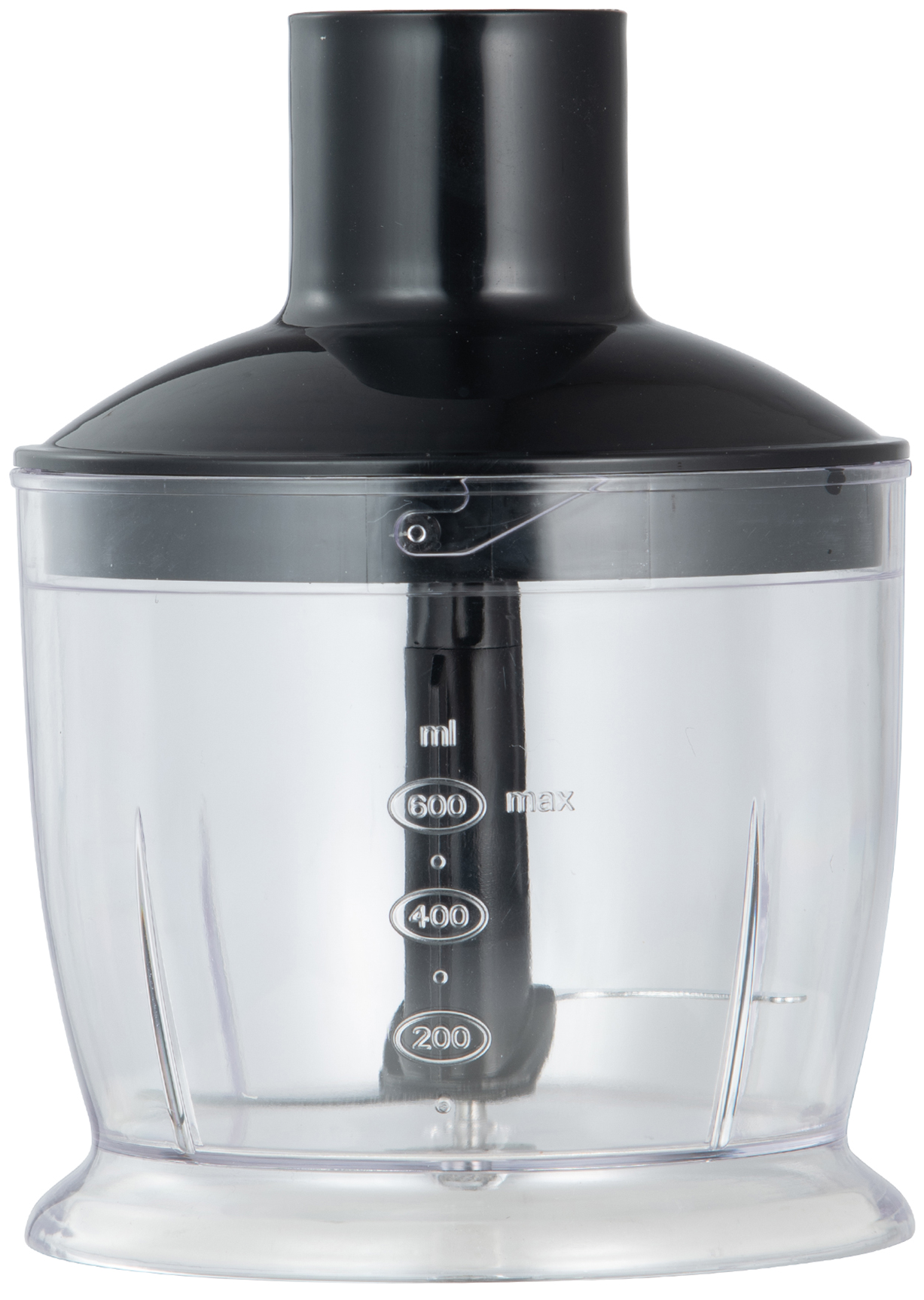 Átlátszó műanyag turmixgép tartály fekete fedéllel. 200-600 ml-es jelzéssel.