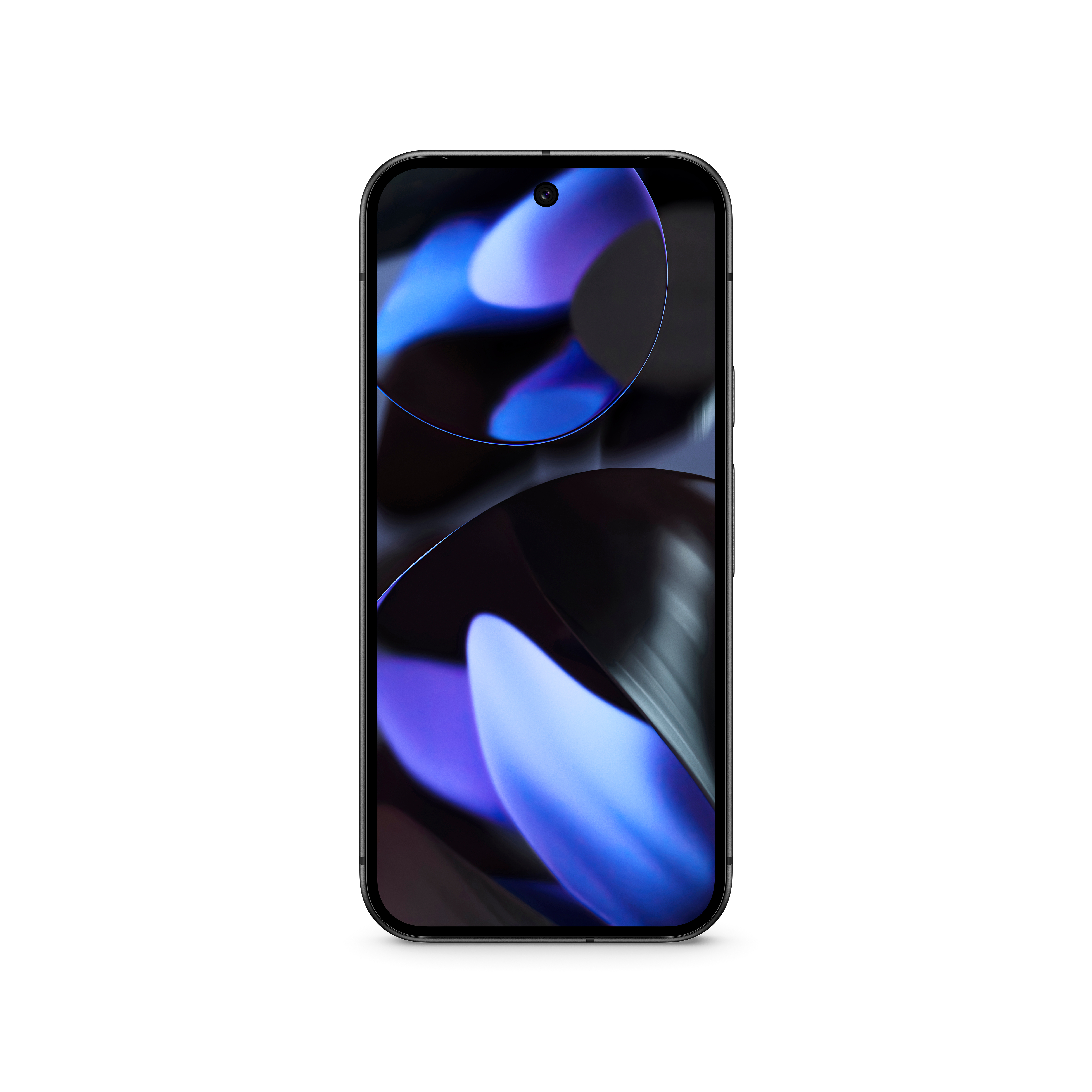 Ein schwarzes Smartphone mit gebogenem Bildschirm, das blaue und lila abstrakte Kunst zeigt.