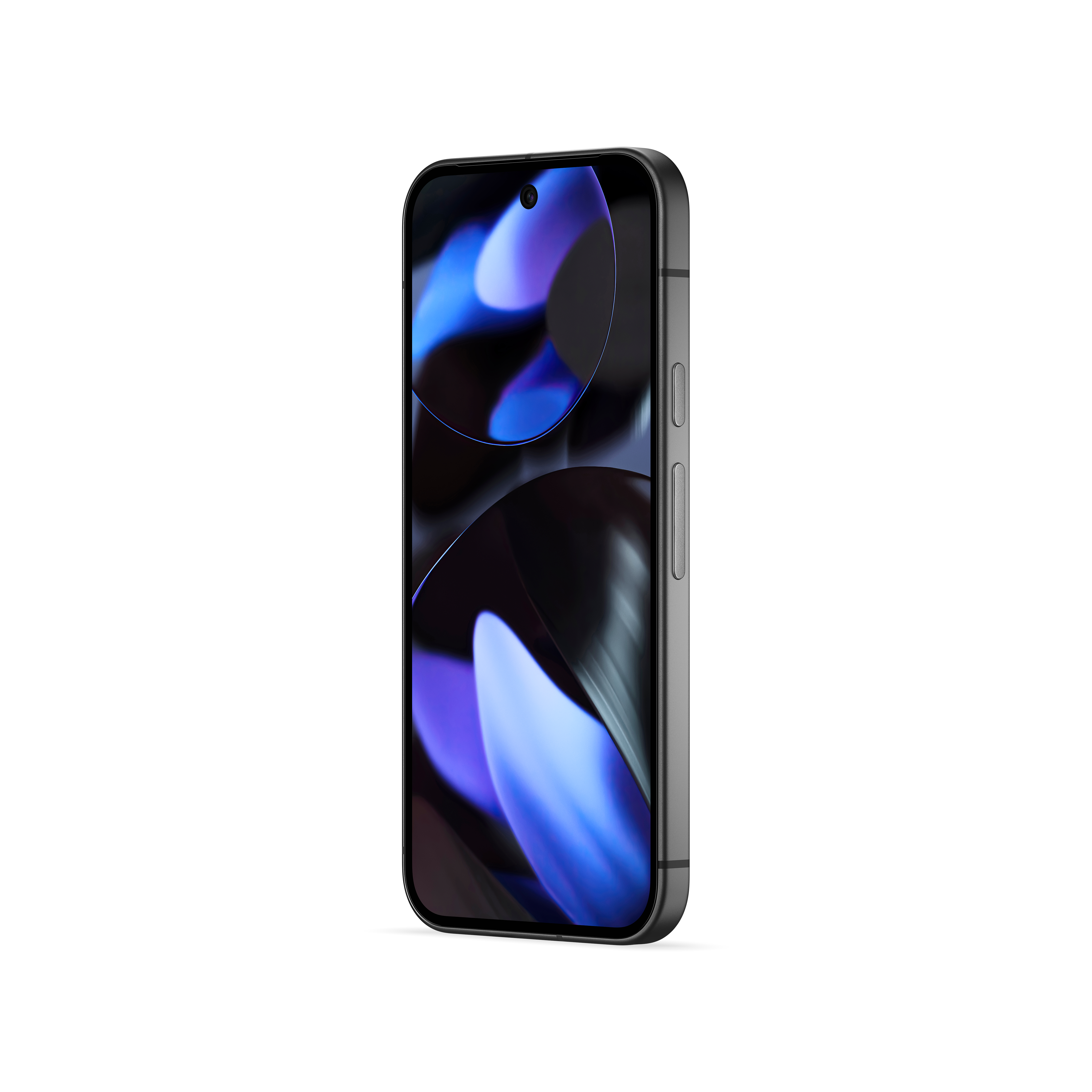 Ein schwarzes Smartphone mit einem Display, das ein blaues und violettes abstraktes Bild zeigt, schräge Ansicht.