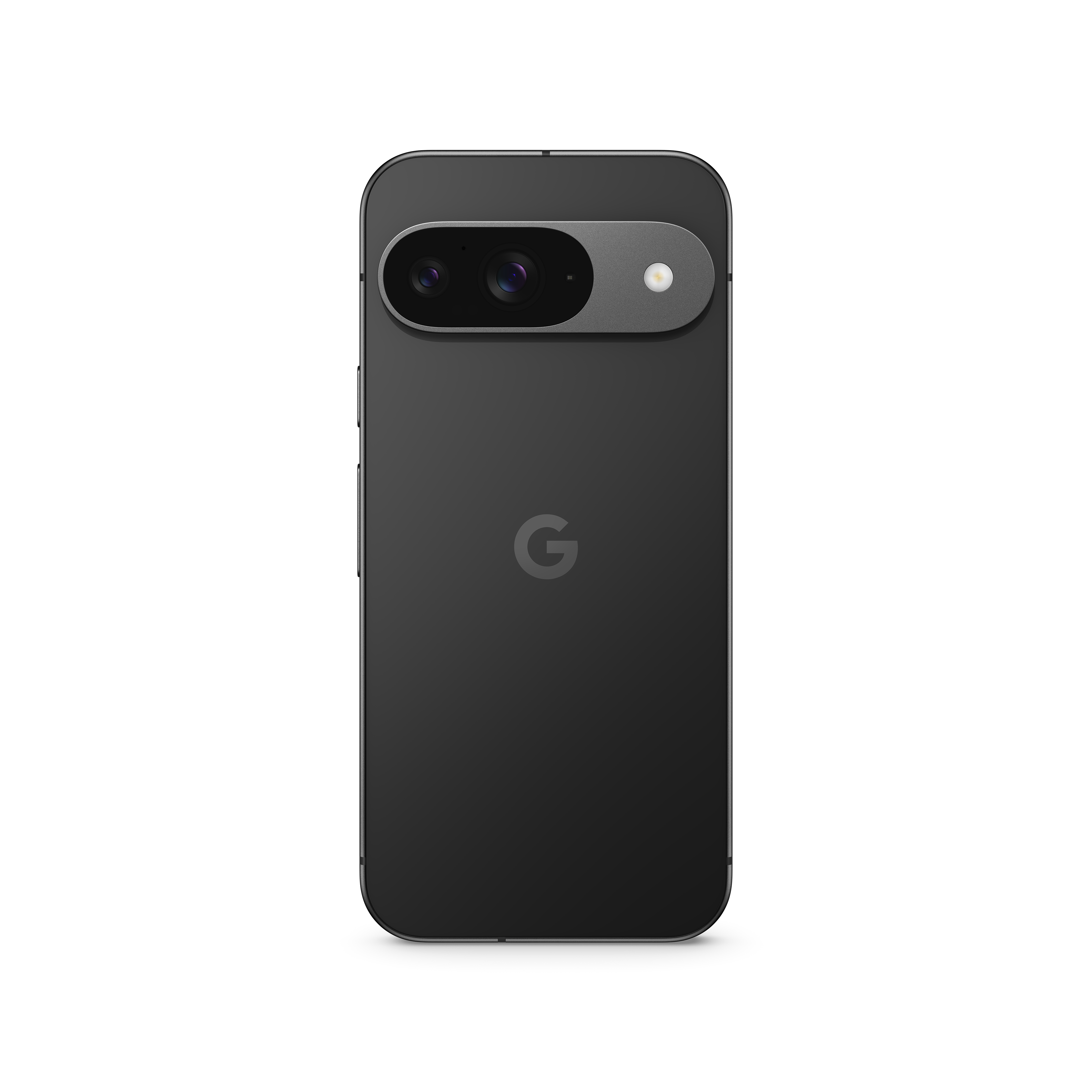 Schwarzes Google Pixel Telefon, Rückansicht mit Kameraleiste und G-Logo.