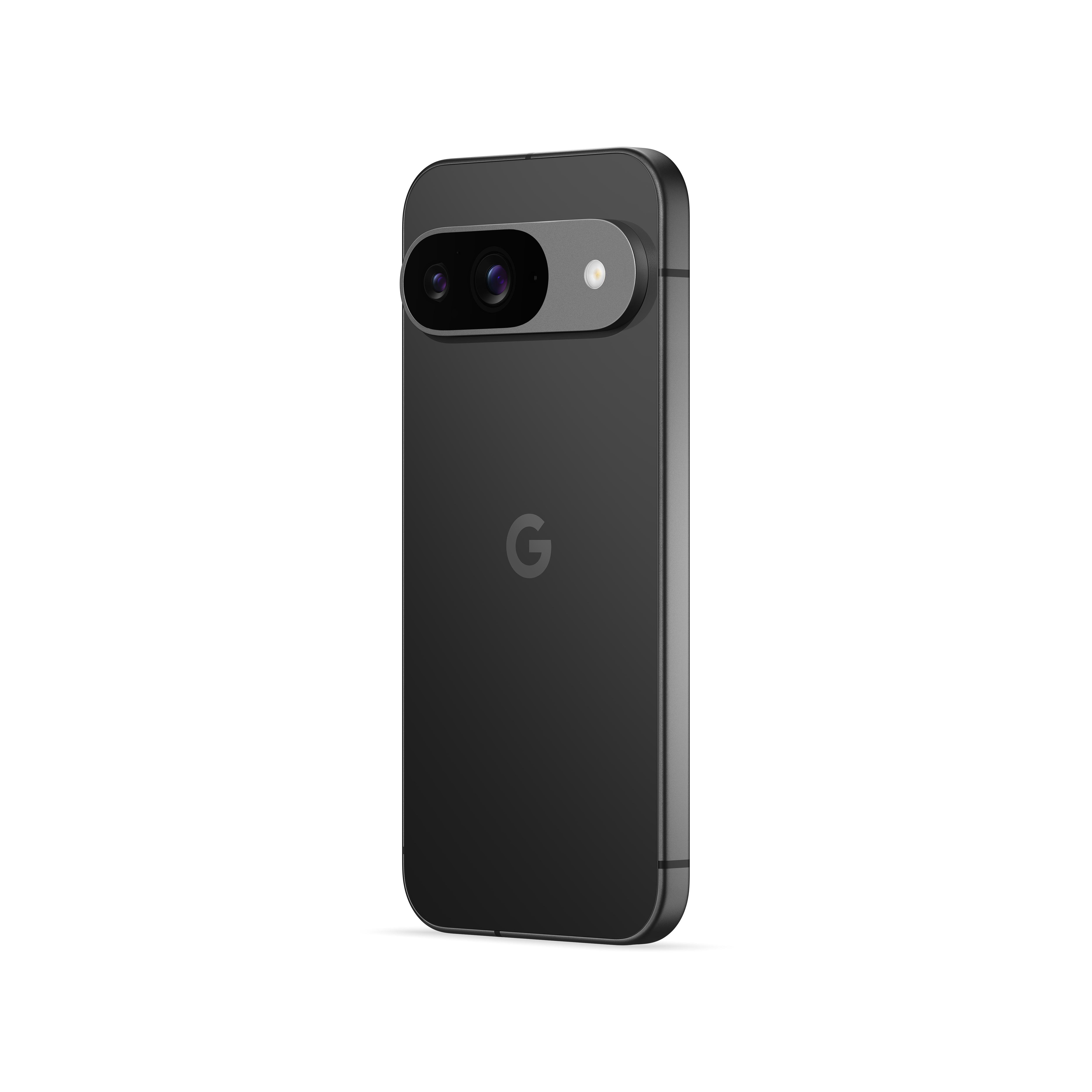 Ein schwarzes Smartphone mit Kameraleiste und 'G'-Logo, auf weißem Hintergrund angewinkelt.