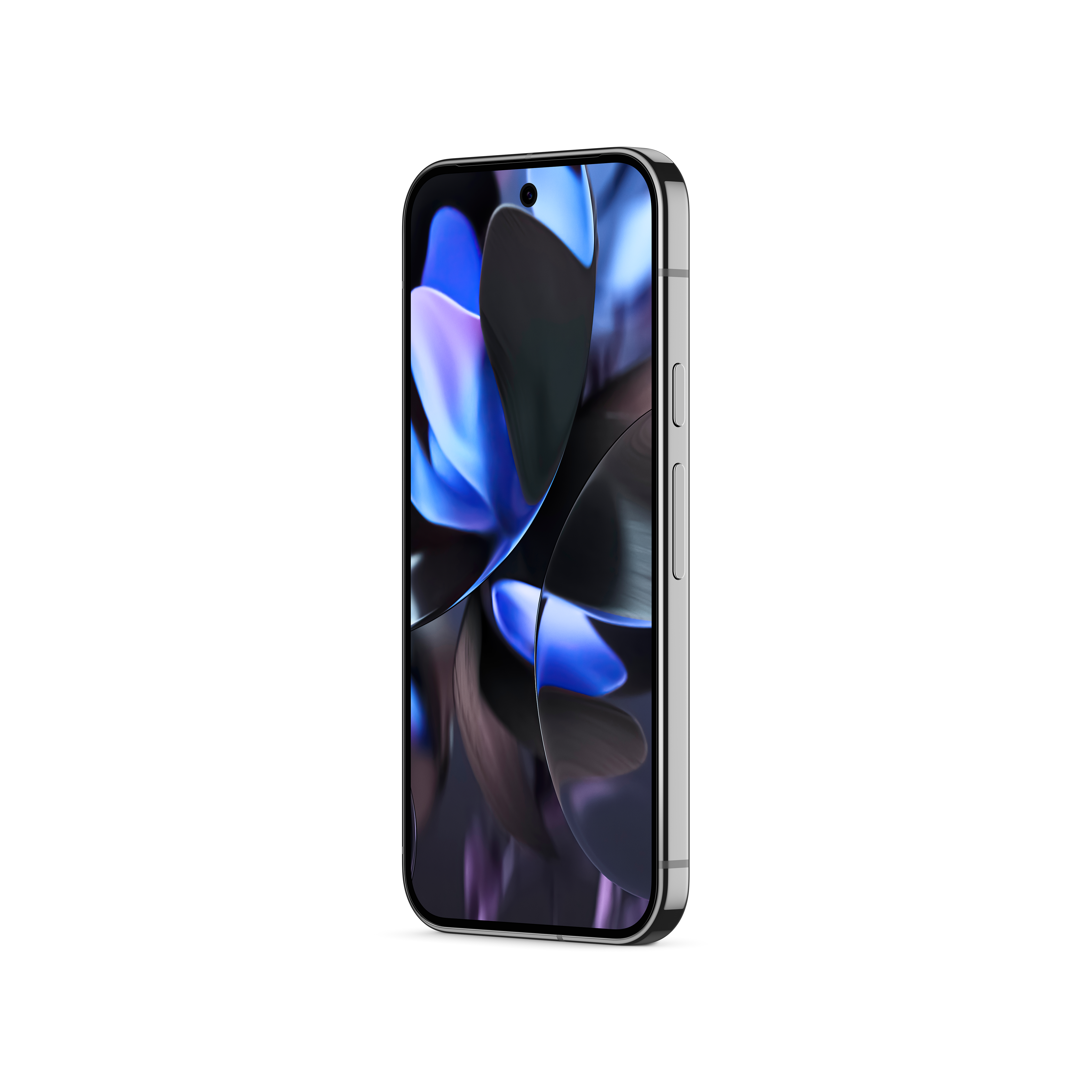 Seitenansicht eines Smartphones. Es ist silberfarben, mit lila Bildschirm und Kamera.