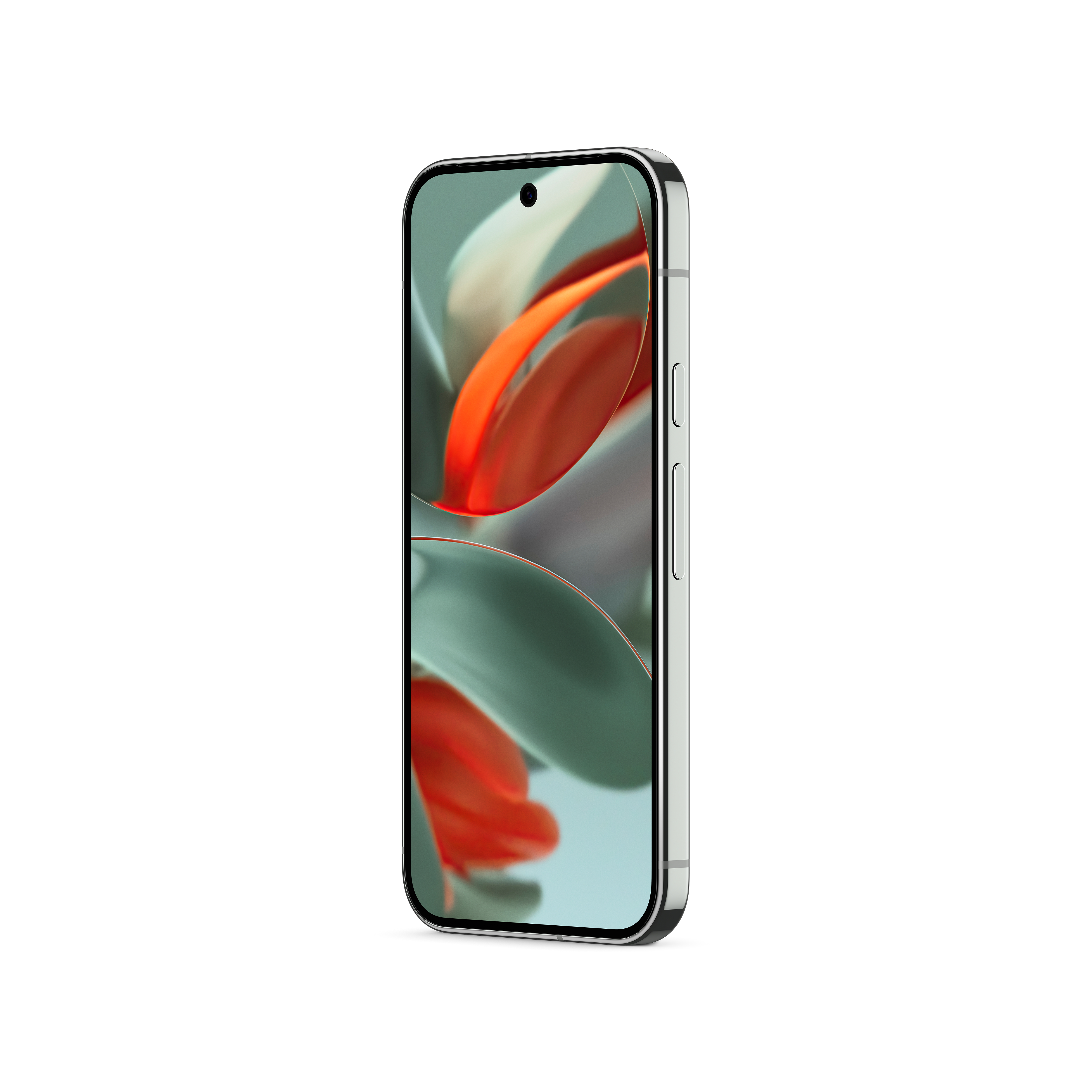 Ein silbernes Smartphone auf weißem Untergrund, zum Betrachter geneigt.