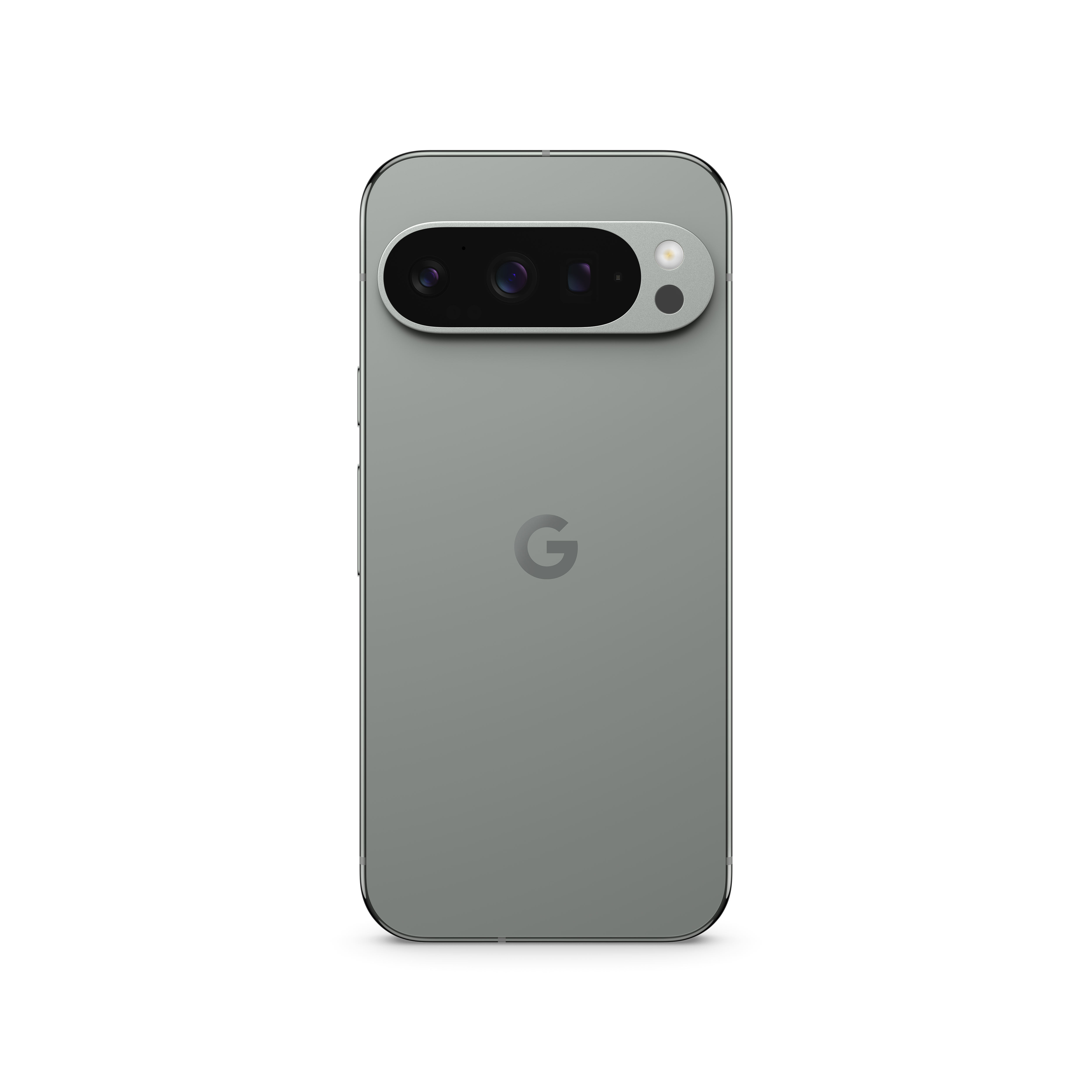 Rückansicht eines grauen Google Pixel-Telefons mit Kameraleiste und 'G'-Logo.