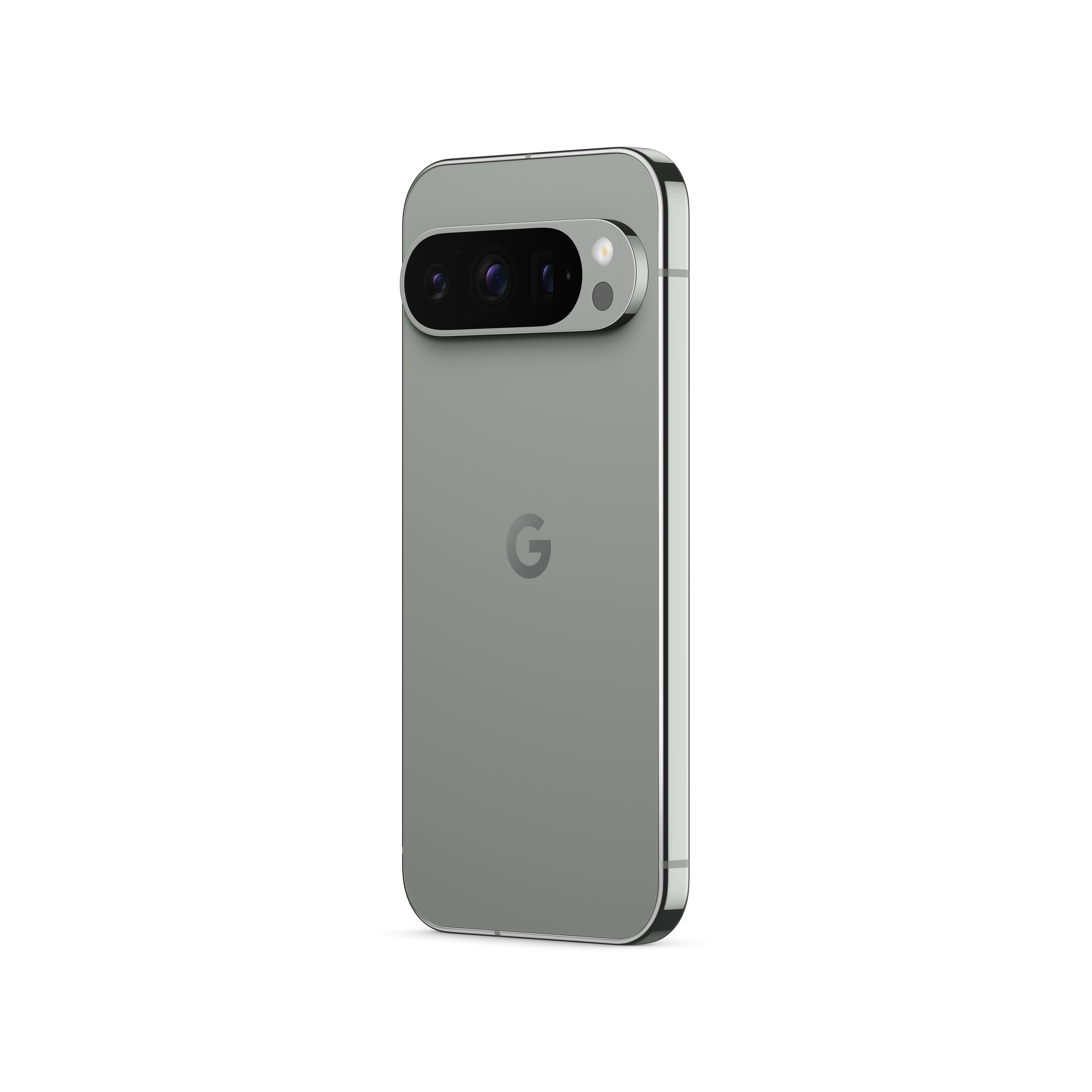 Ein graues Smartphone mit einer prominenten Kameraleiste und dem Google 'G'-Logo.