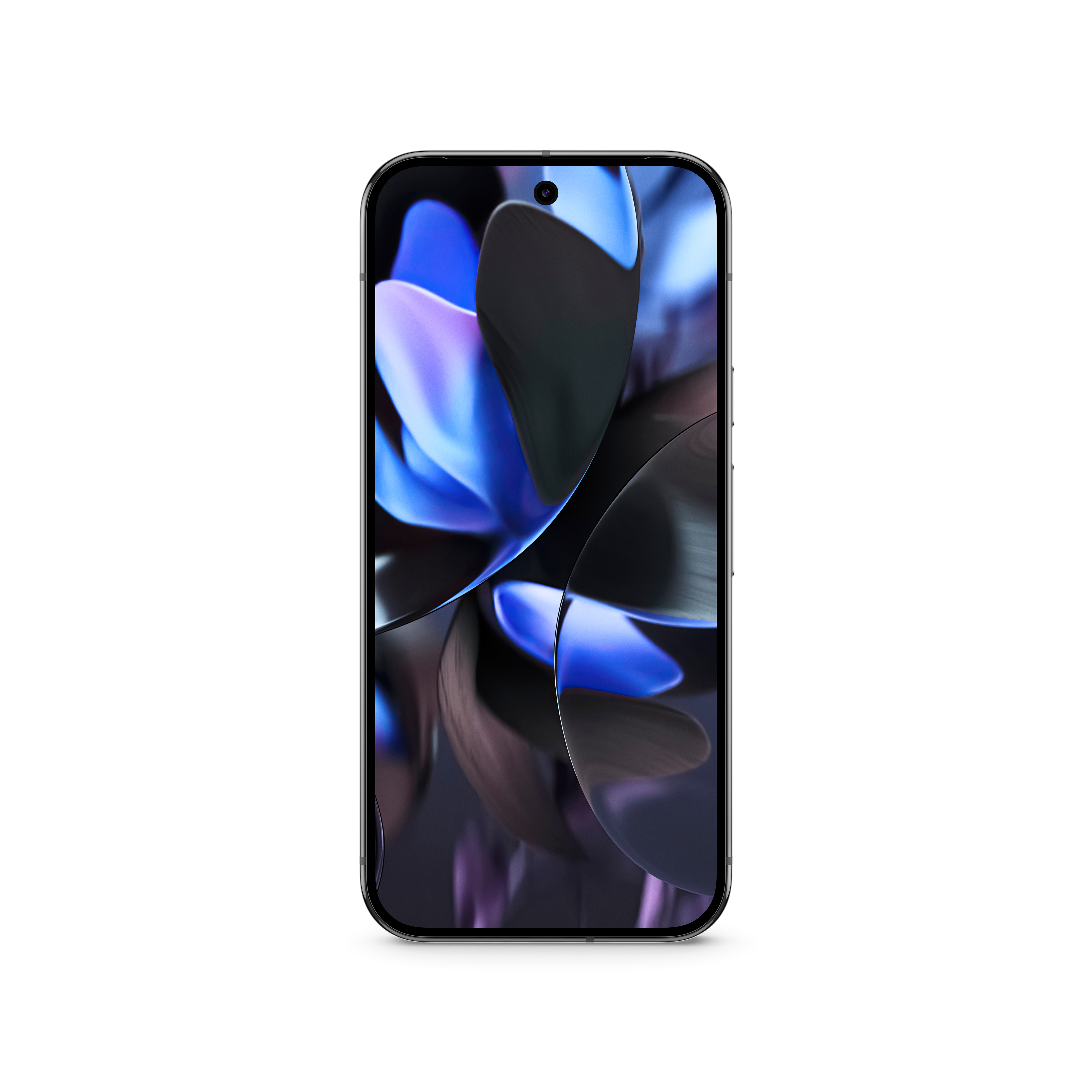 Ein schwarzes Smartphone auf weißem Hintergrund, das blaue und lila abstrakte Kunst zeigt.