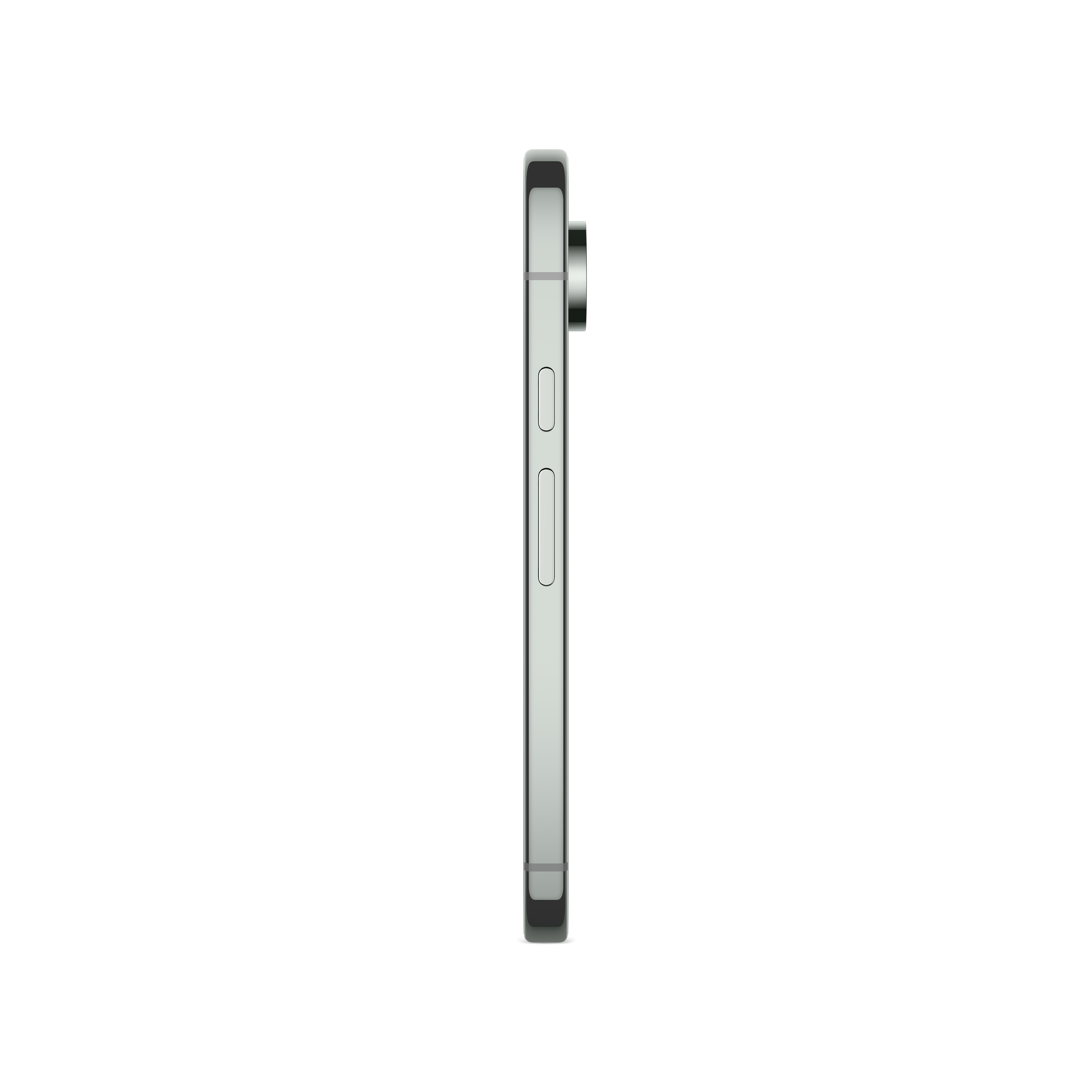 Seitenansicht eines silbernen Smartphones, zeigt die Kamera und die Seitentasten.