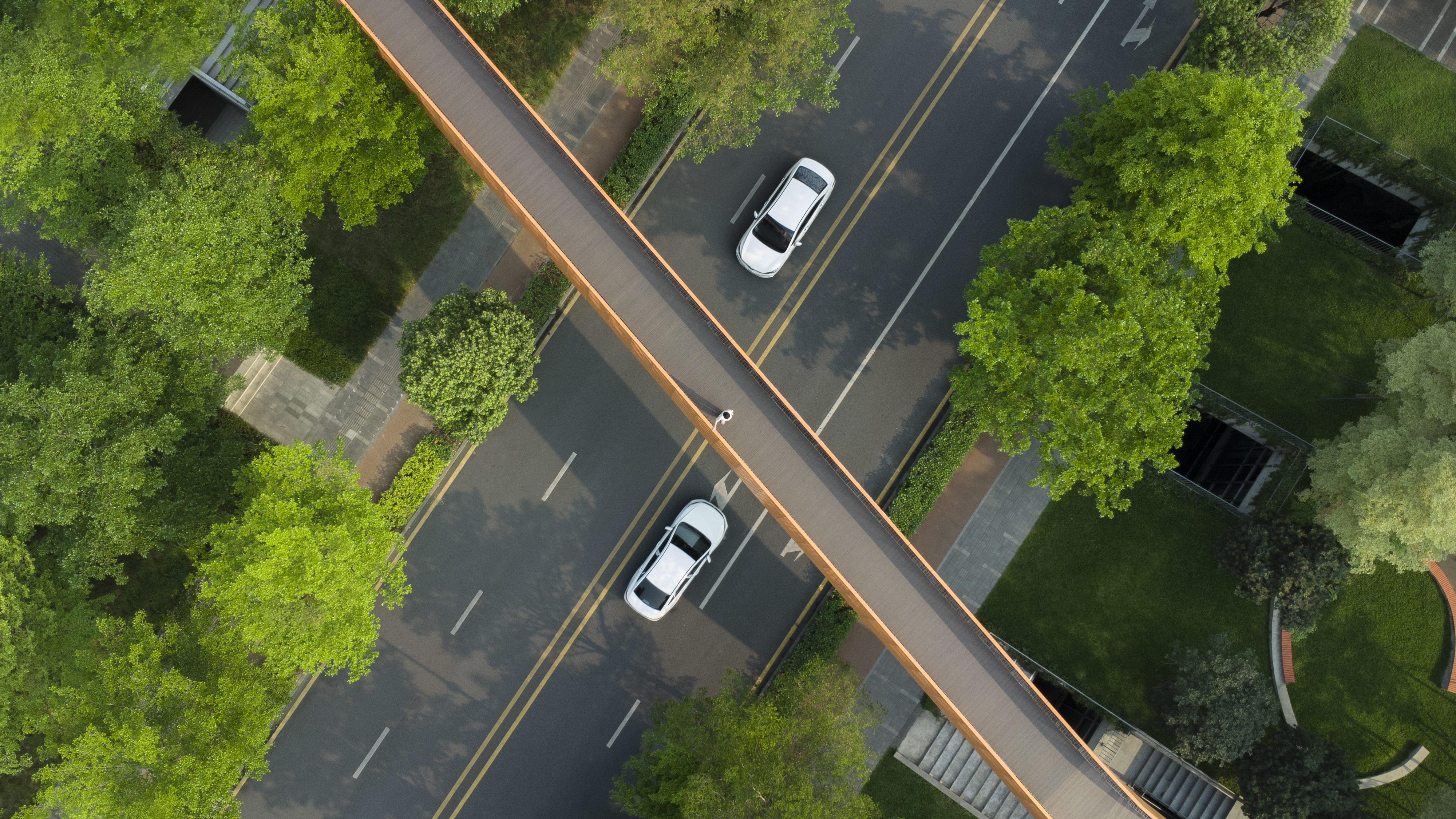 Vista aerea di una strada con due auto, un ponte pedonale e alberi verdi intorno.