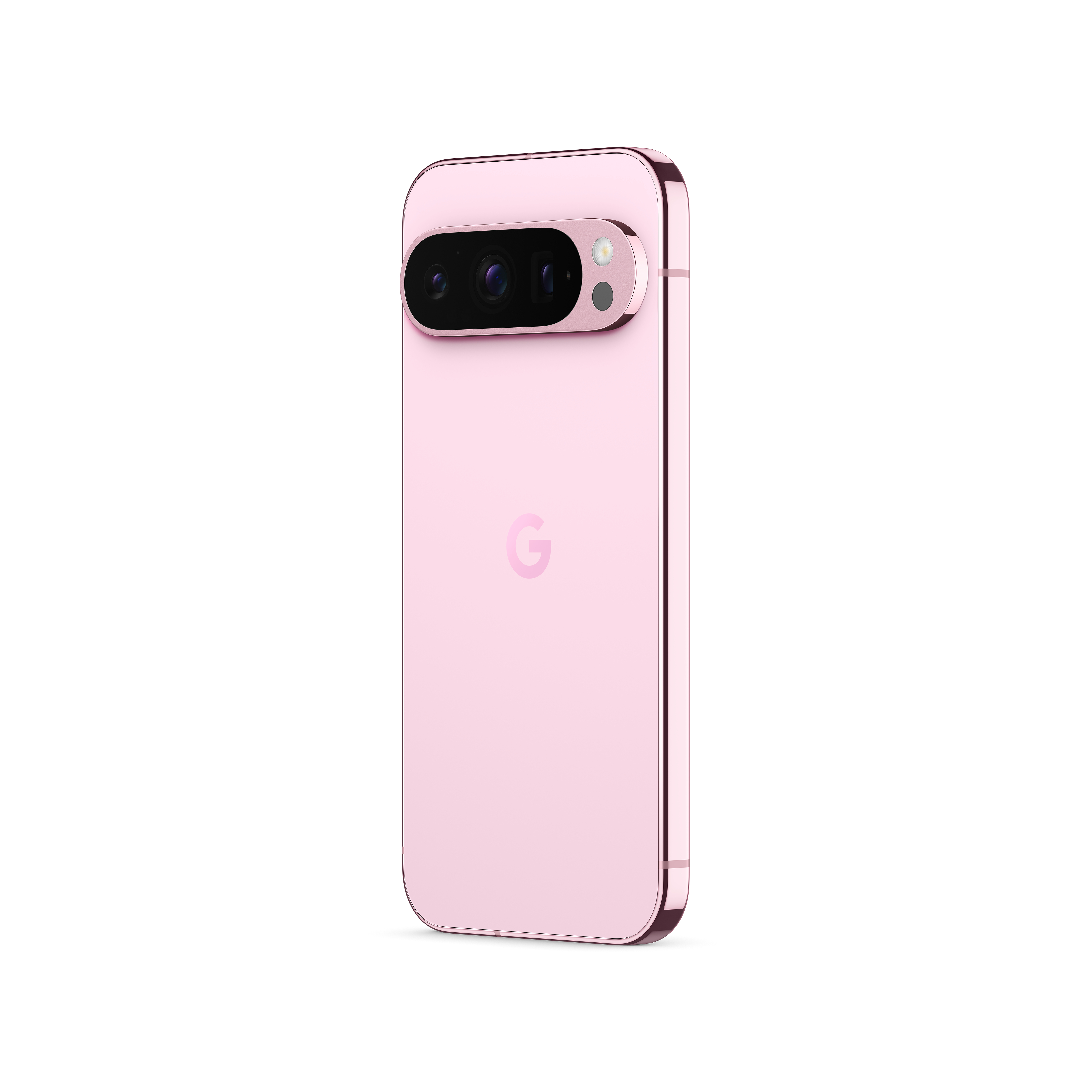 Ein pinkfarbenes Smartphone mit Kameraleiste. Es hat ein 'G'-Logo auf der Rückseite und die Kameralinse ist sichtbar.