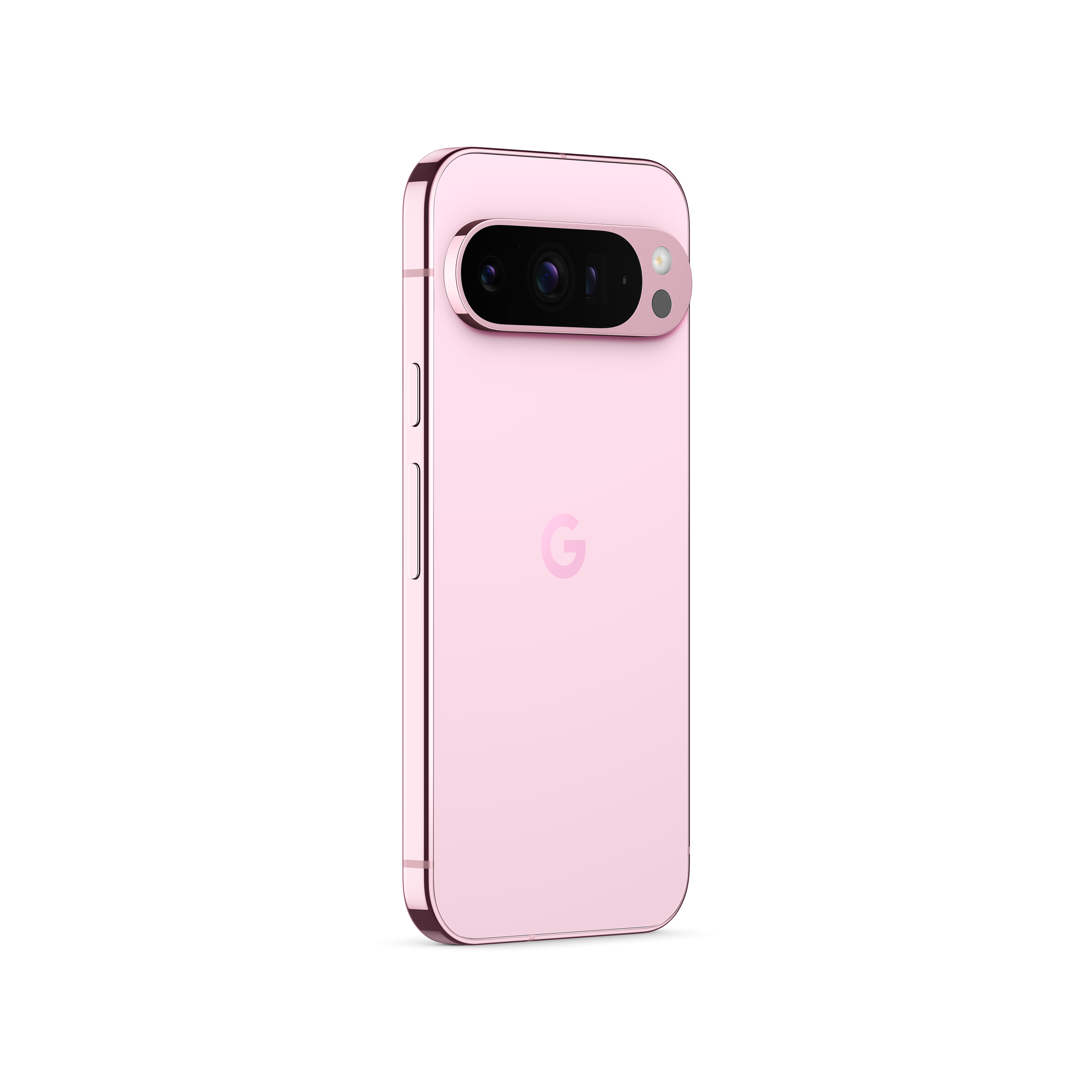 Rosa Smartphone mit mehreren Rückkameras und einem „G“-Logo auf weißem Grund.