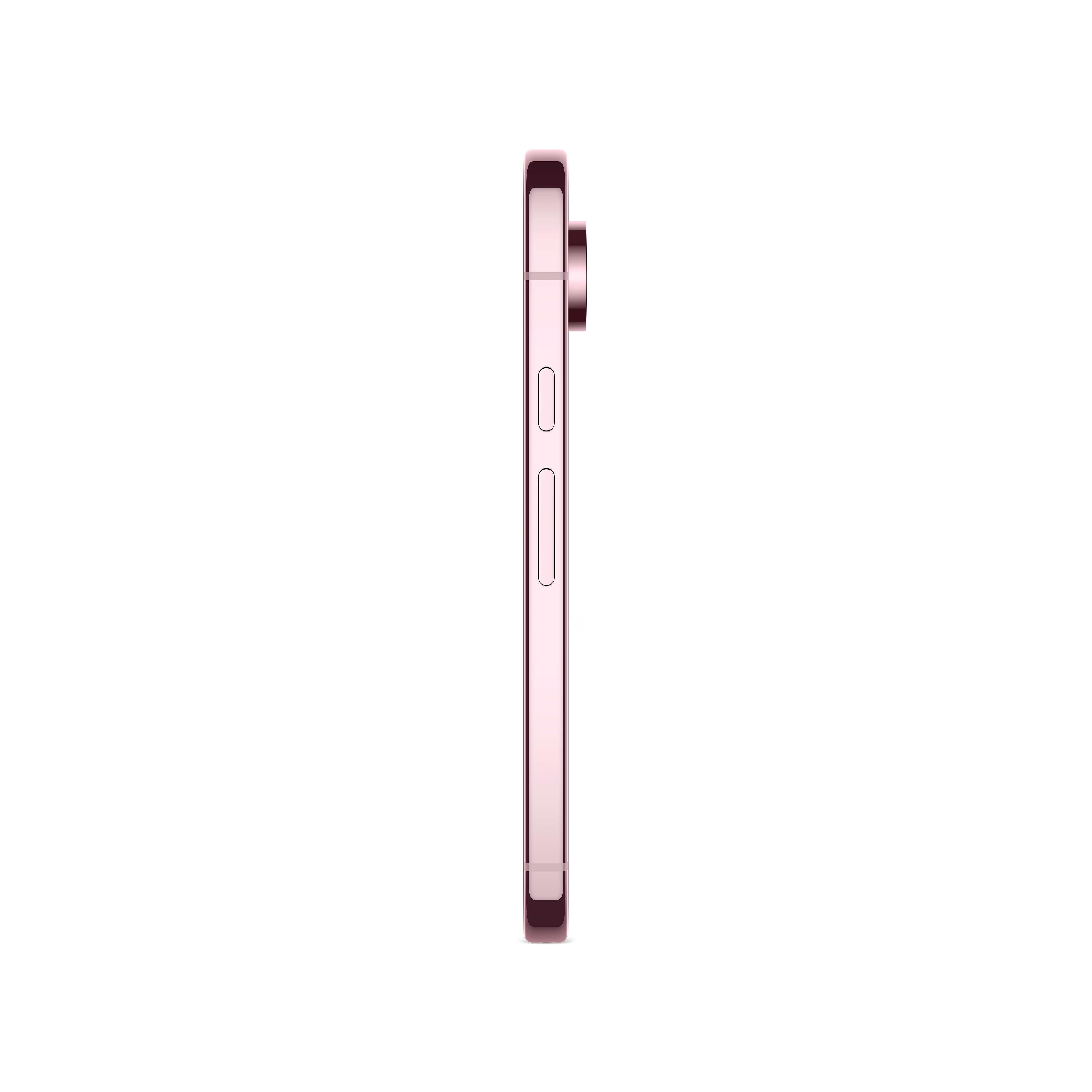Seitenansicht eines rosafarbenen iPhones, zeigt Kamera und Tasten.
