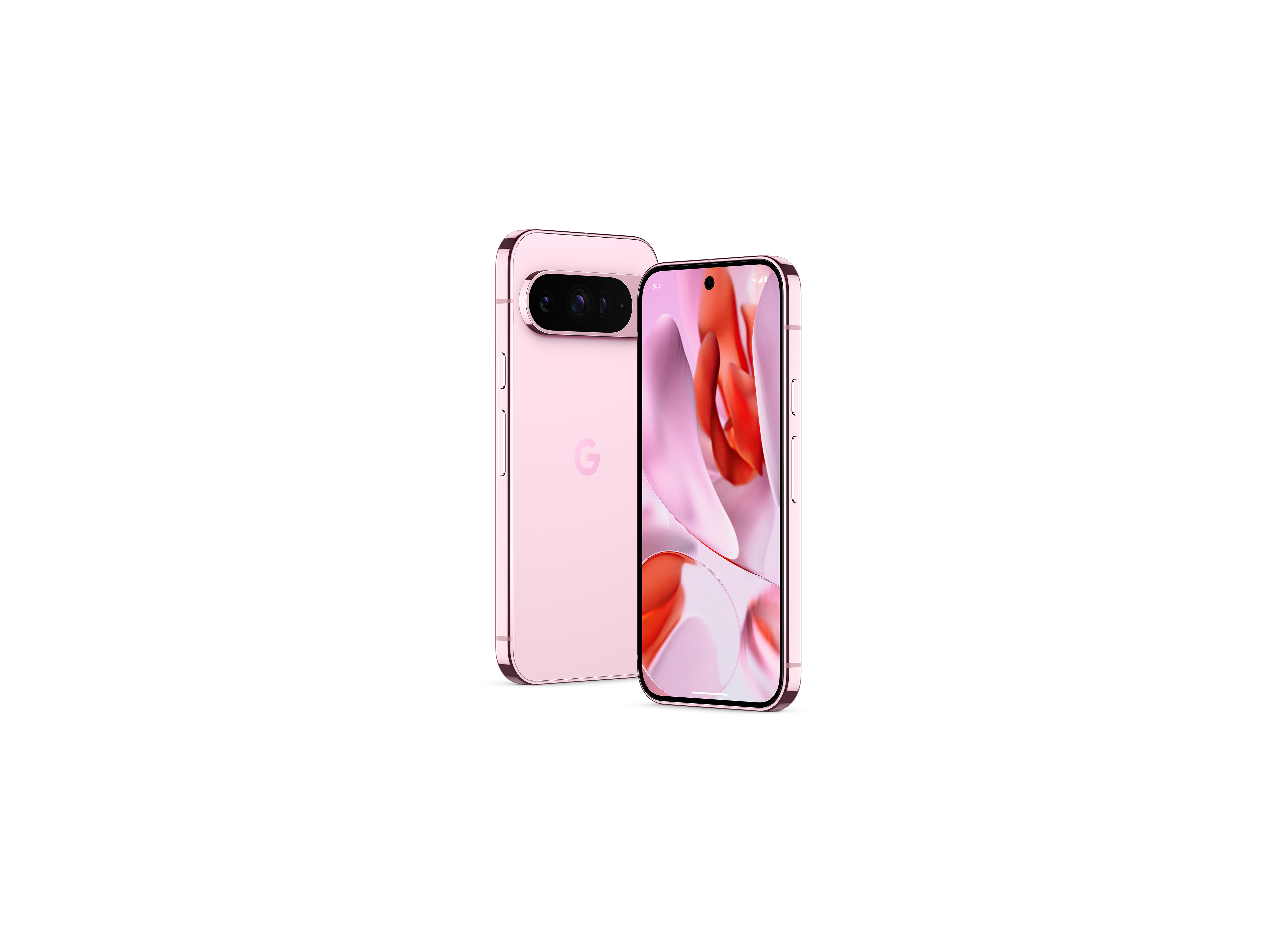 Rosa Smartphone mit Display, das ein farbenfrohes Bild zeigt. Ein weiteres Telefon dahinter.