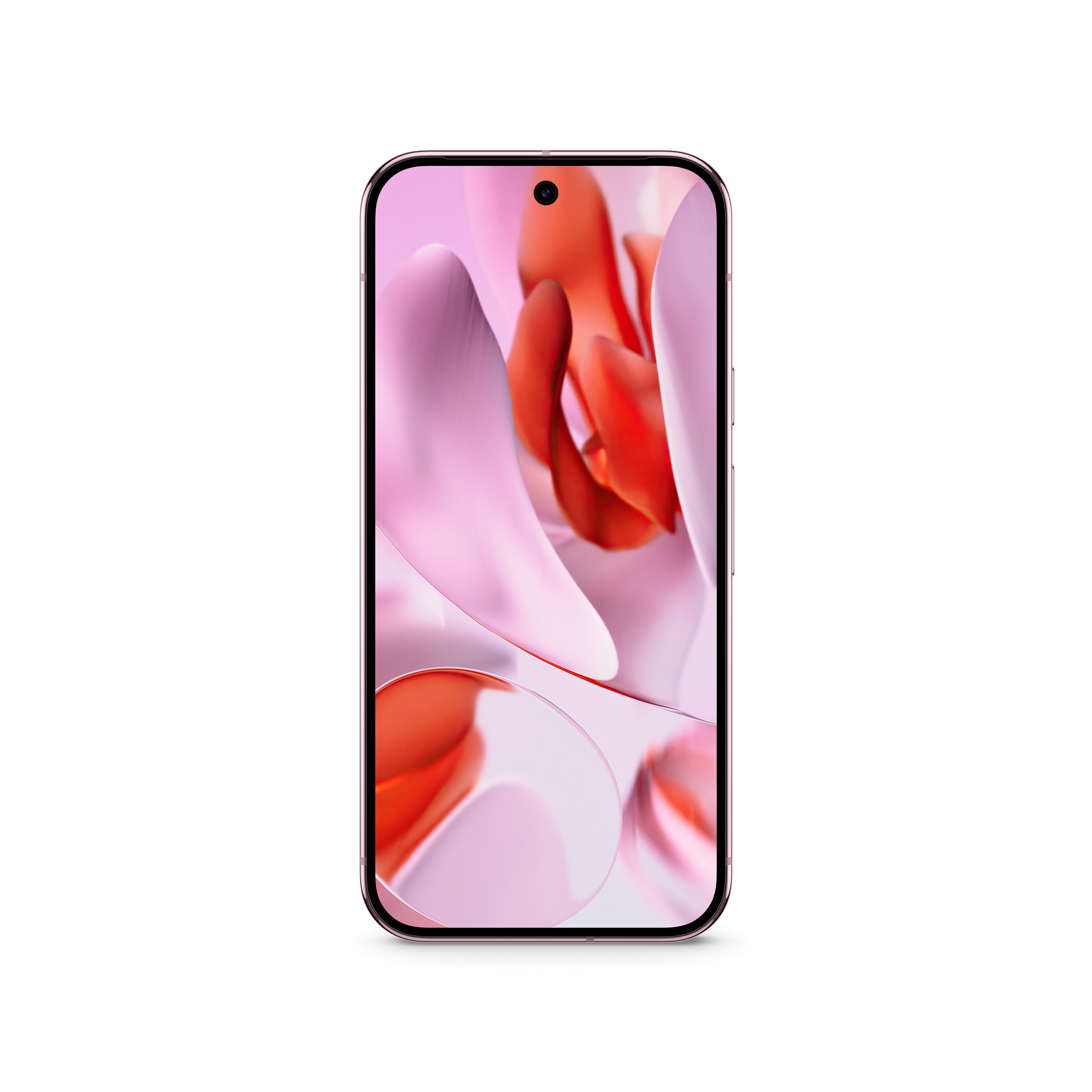 Smartphone mit rosa Rahmen und Bildschirm mit abstrakten rosa und roten Formen.