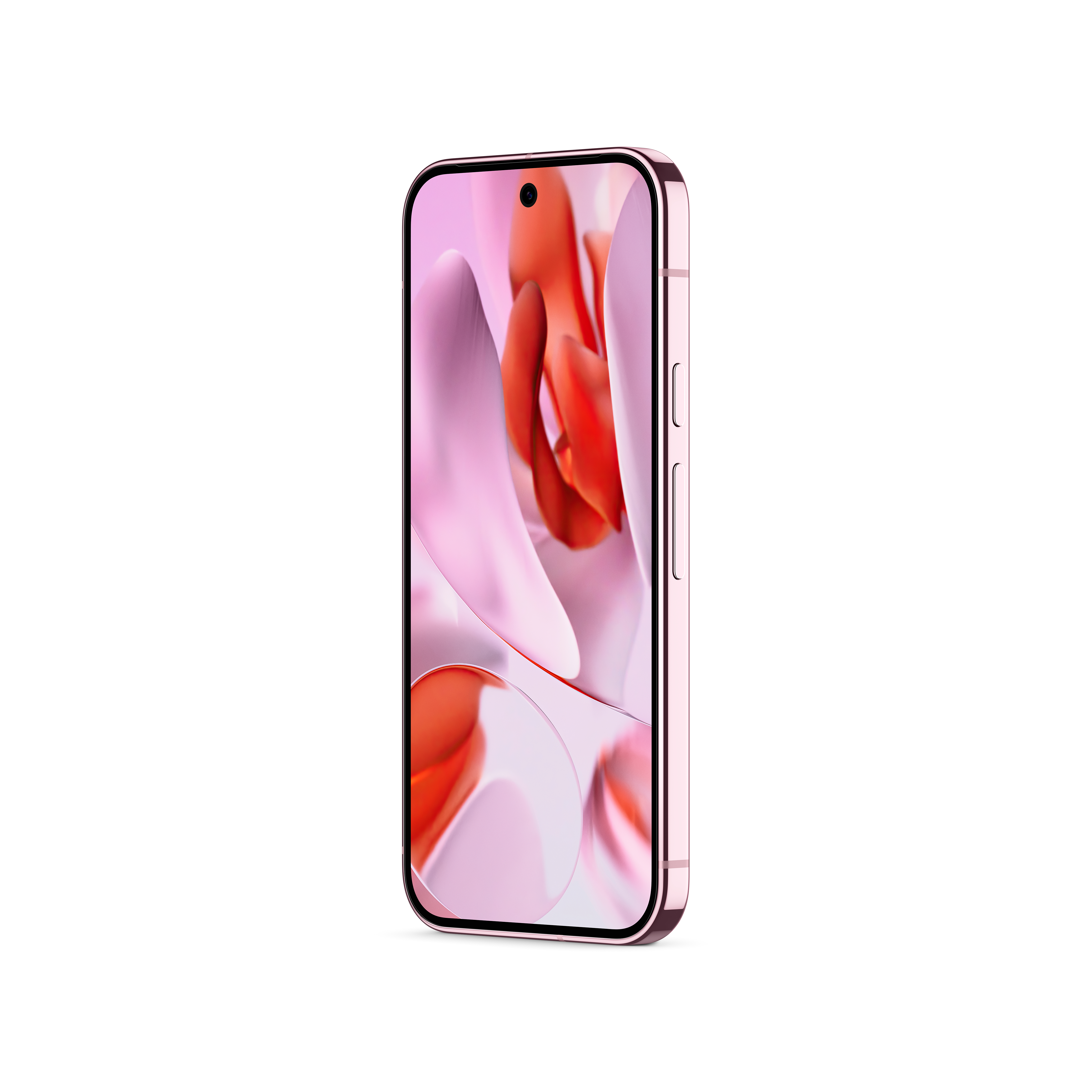Rosa Smartphone mit geschwungenem Bildschirm. Der Bildschirm zeigt ein abstraktes Design aus rosa und orange Formen.