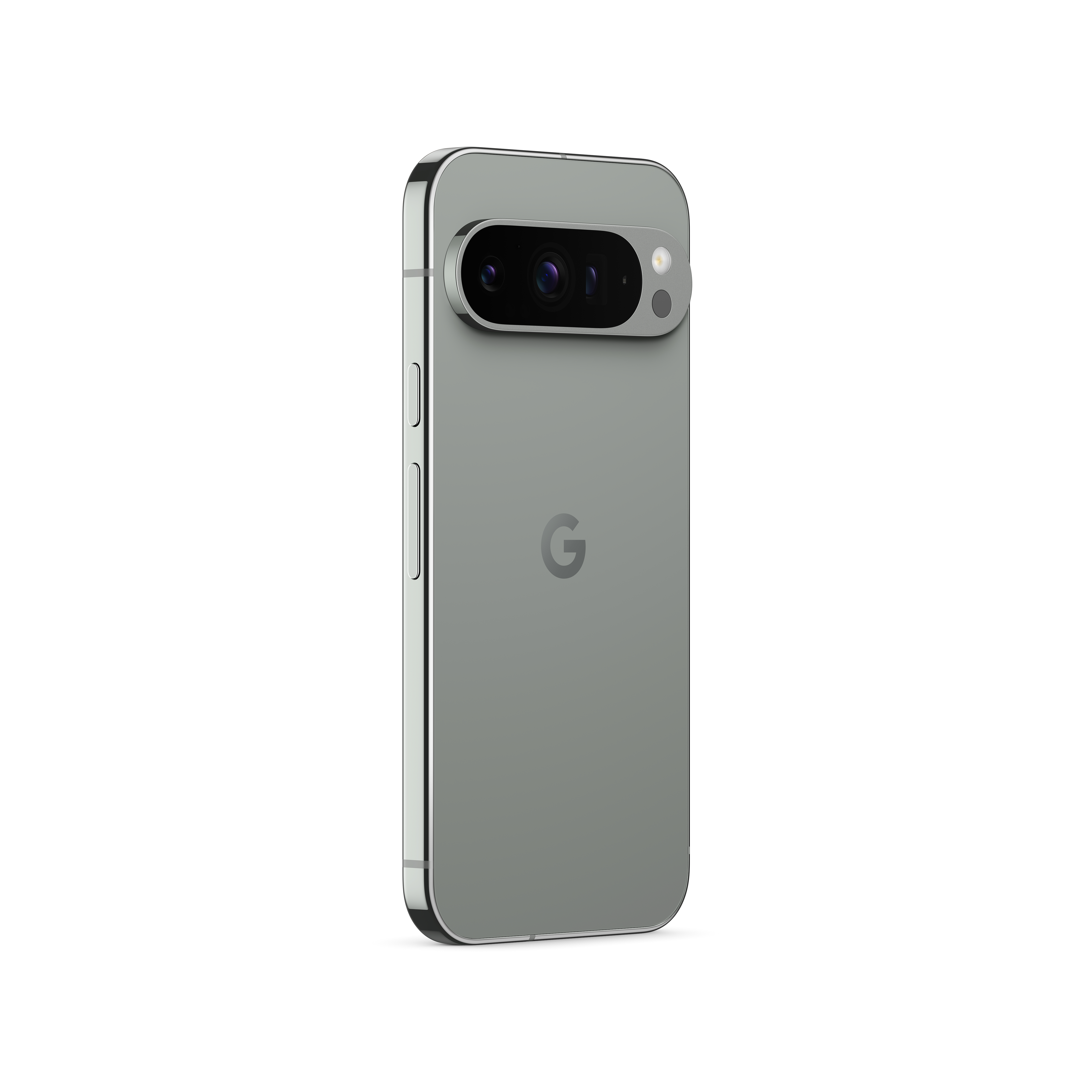 Graues Telefon, Rückansicht, mit Kameraleiste und Google-Logo, auf weißer Oberfläche.