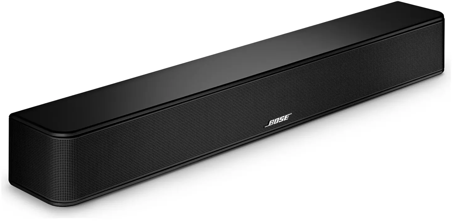 Schwarze Soundbar mit dem Bose-Logo auf der Vorderseite. Rechteckige Form, schlankes Design.