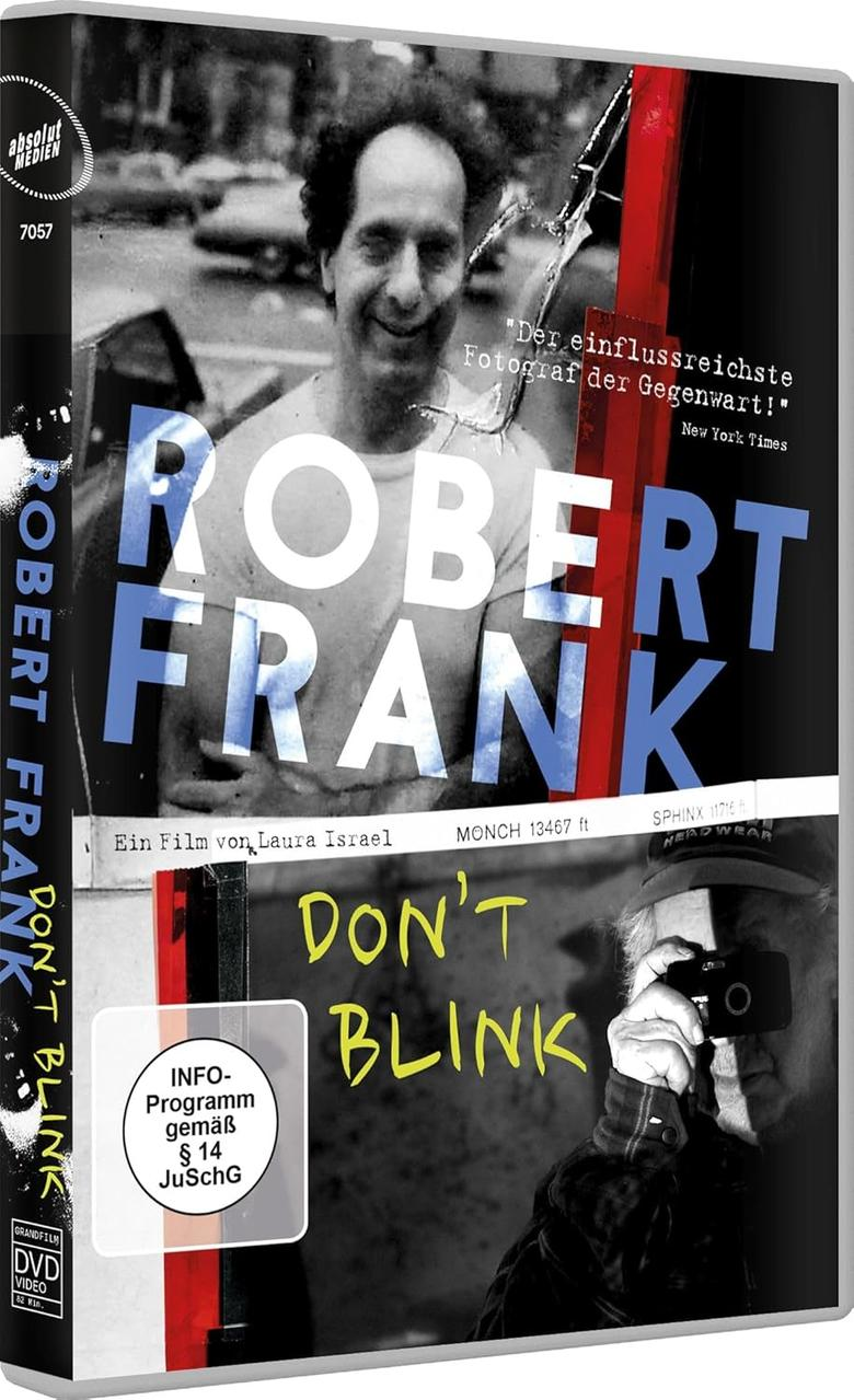 DVD-Cover für den Film Robert Frank Don't Blink, mit einem Mann und Text in einem kühnen Design.