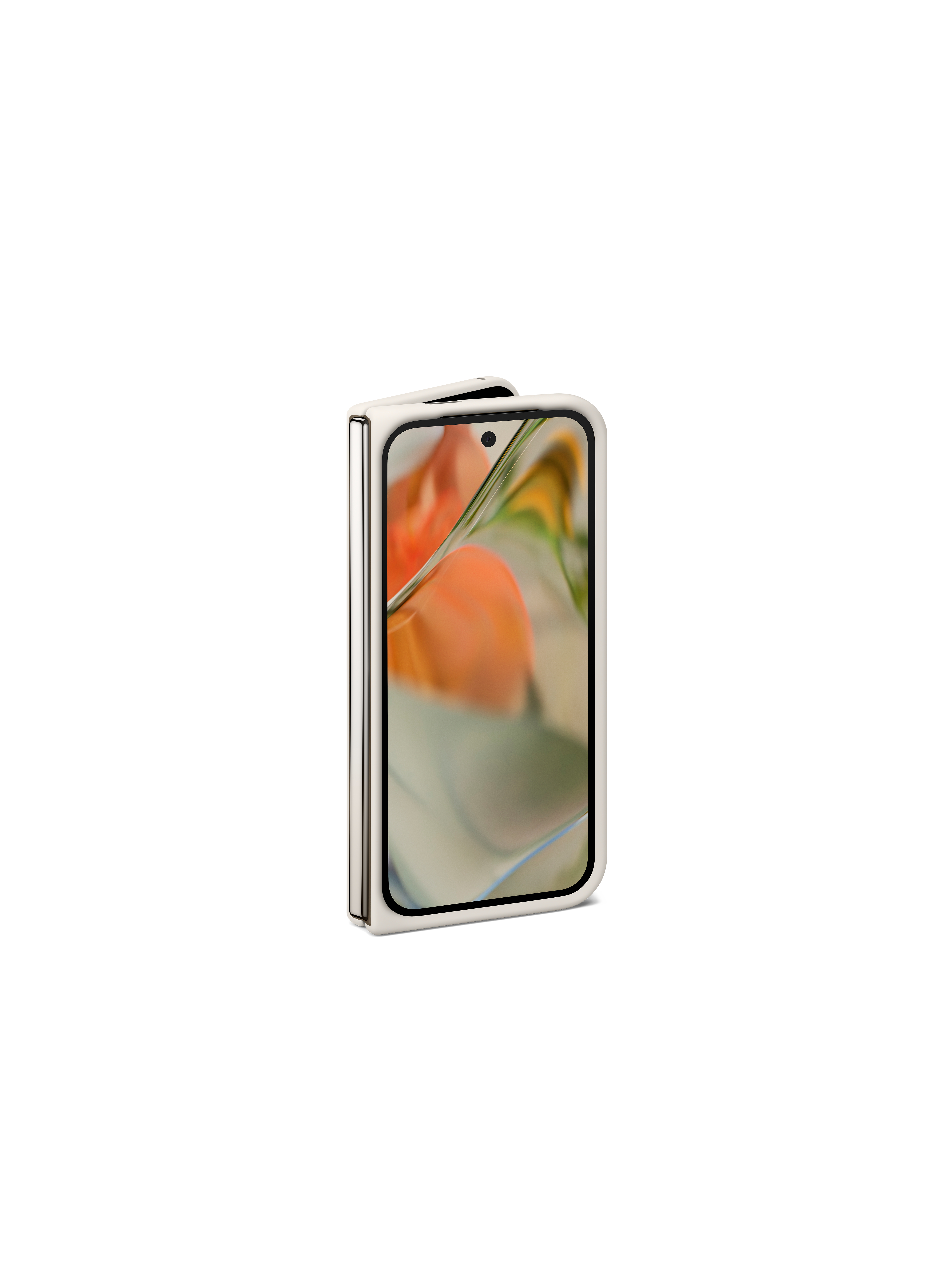 Ein silbernes Falt-Telefon mit einem Bildschirm, der ein unscharfes orange-grünes Bild zeigt.