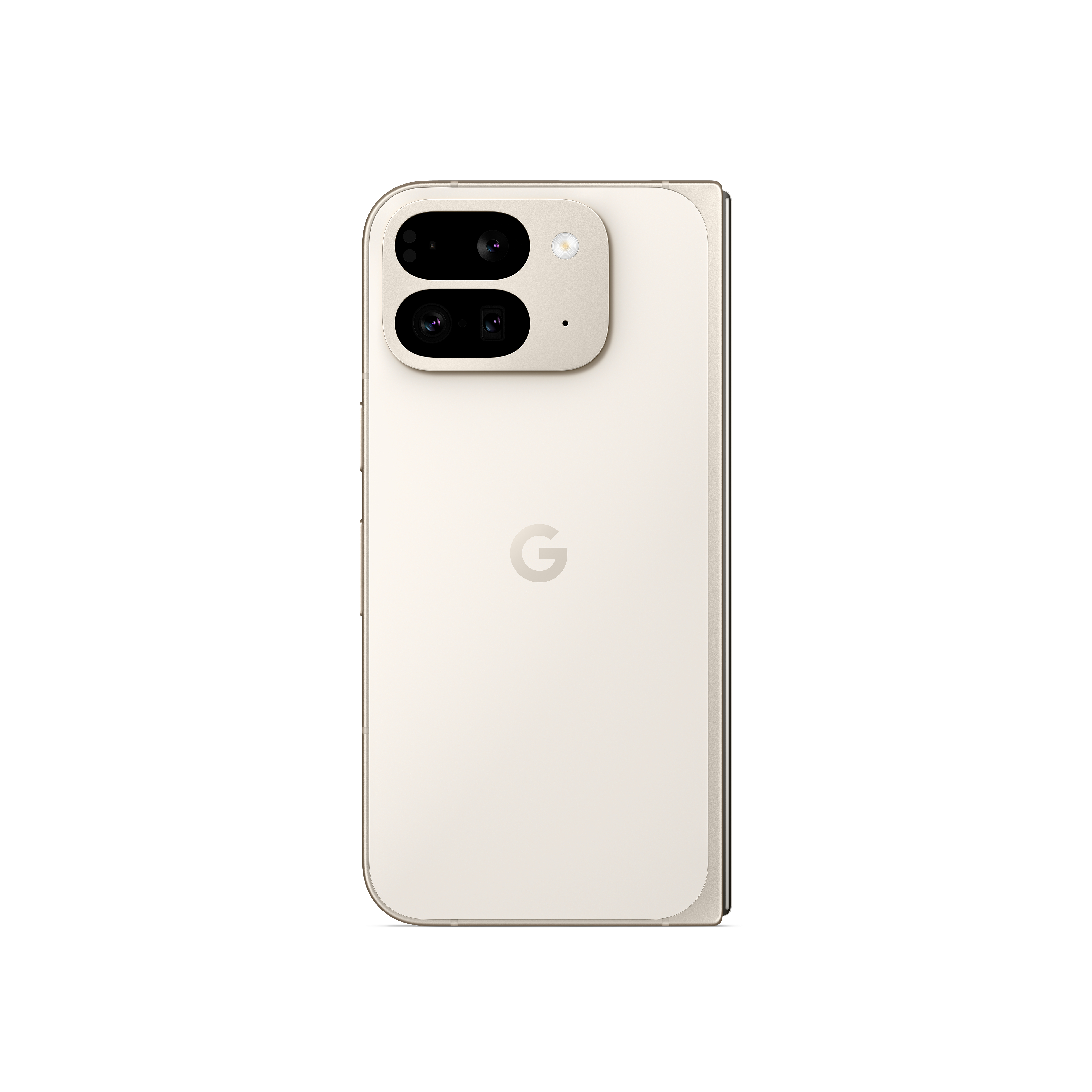 Faltbares Smartphone, geschlossen, Rückseite mit Dual-Kamera und Google-Logo.