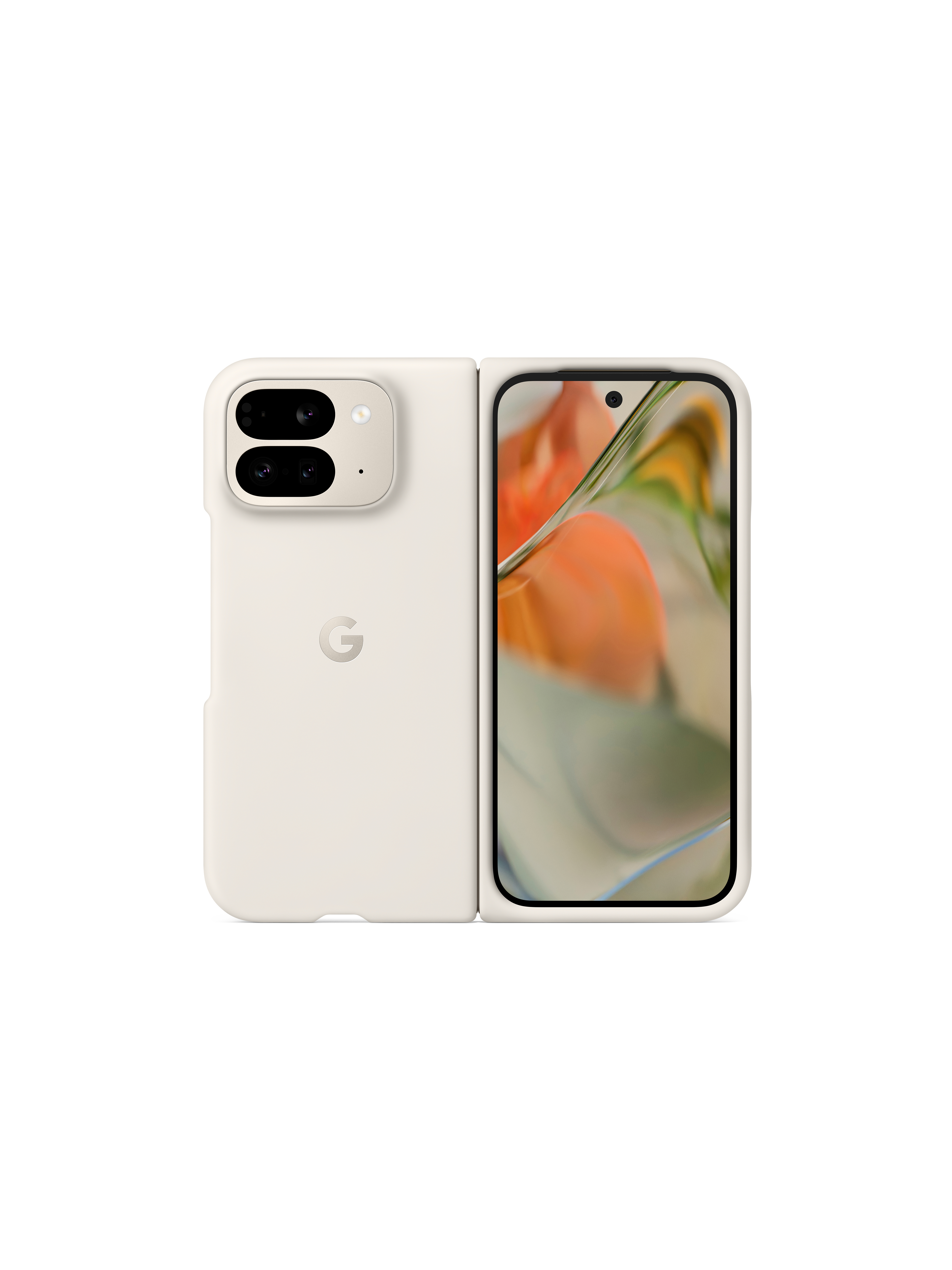 Faltbares weißes Telefon, geöffnet und geschlossen. Zeigt den Bildschirm und die Rückseite mit Google-Logo.