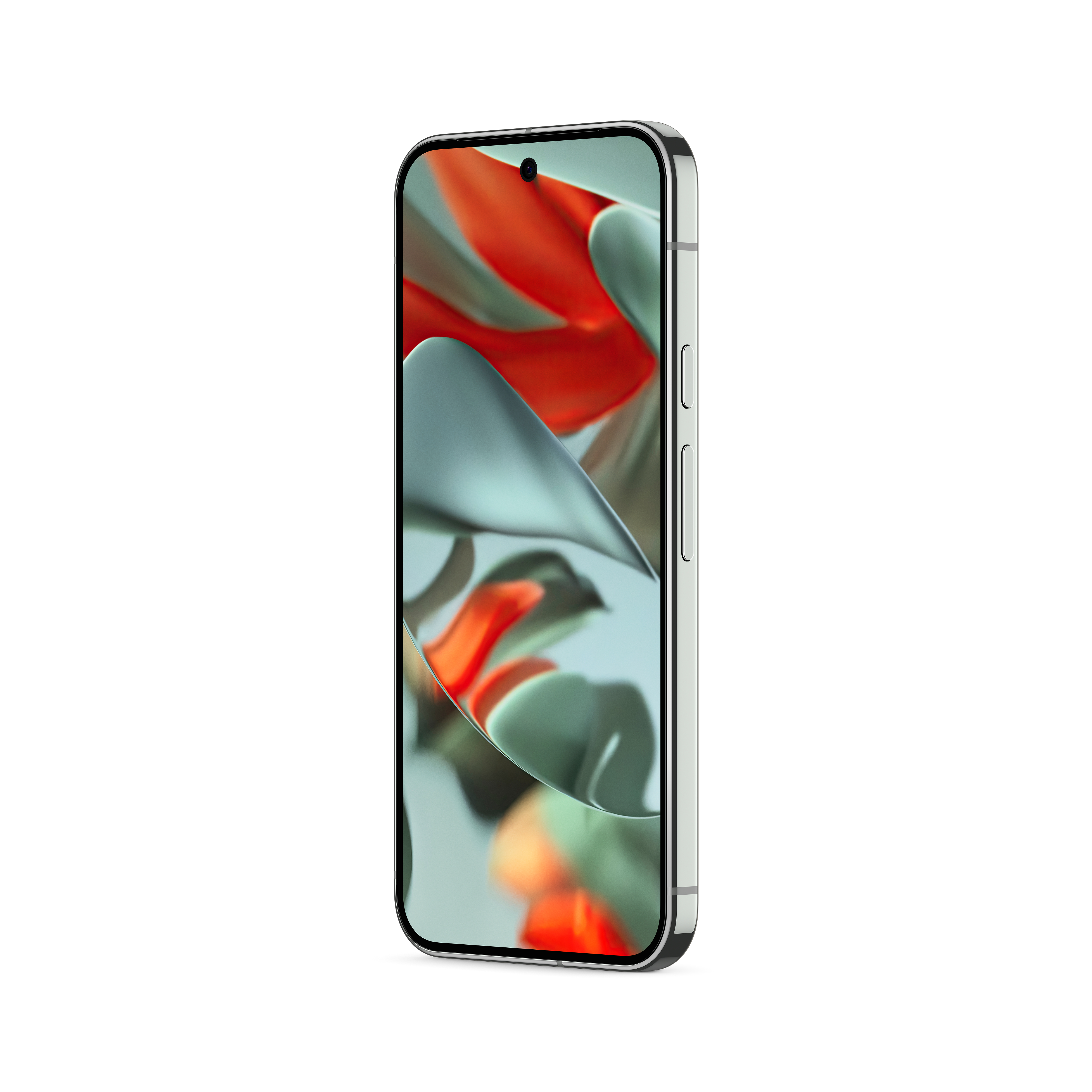 Silbernes Telefon mit orangefarbenem und grünem abstraktem Hintergrund.