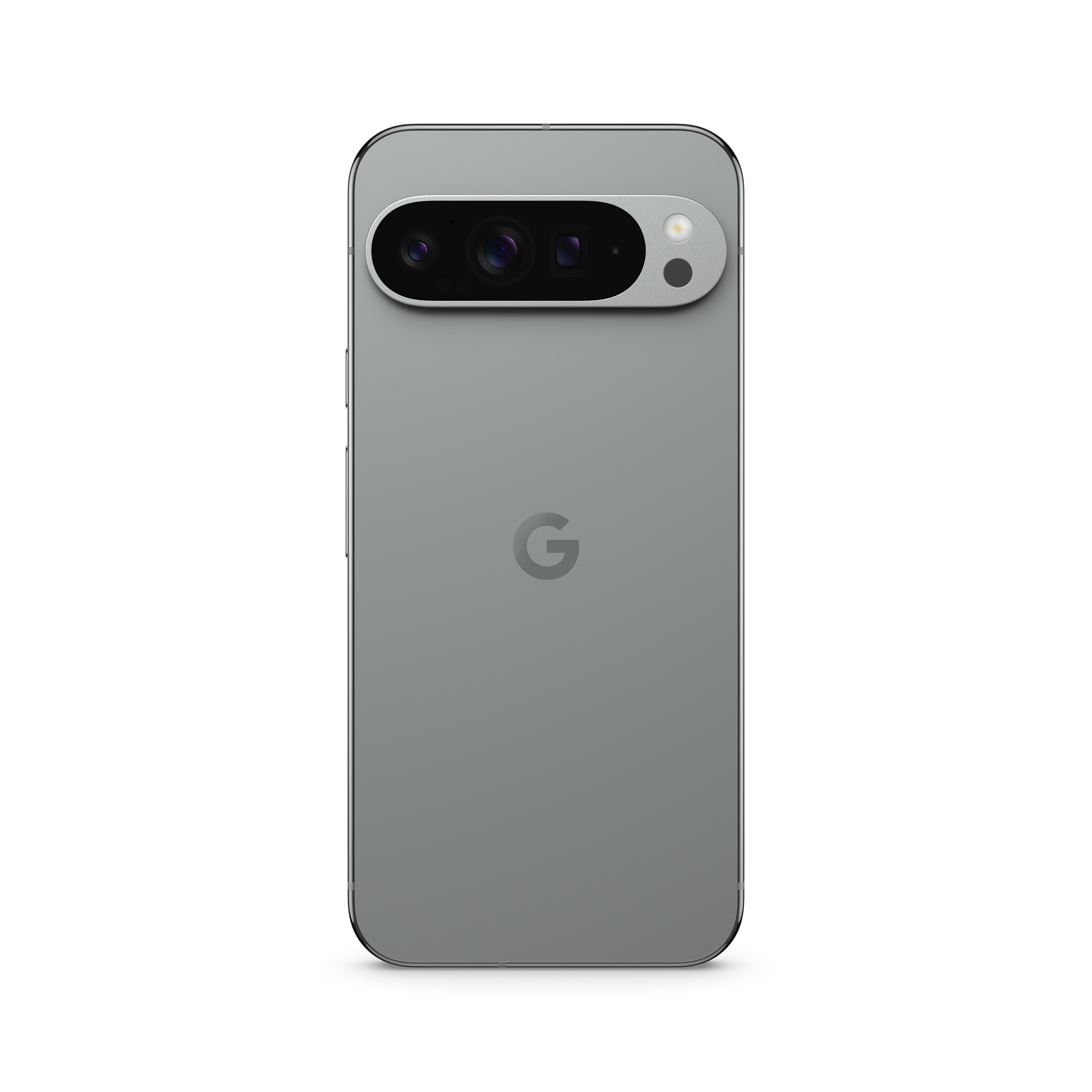 Graues Telefon mit Kameraleiste und 'G'-Logo. Rückansicht, modernes Design.