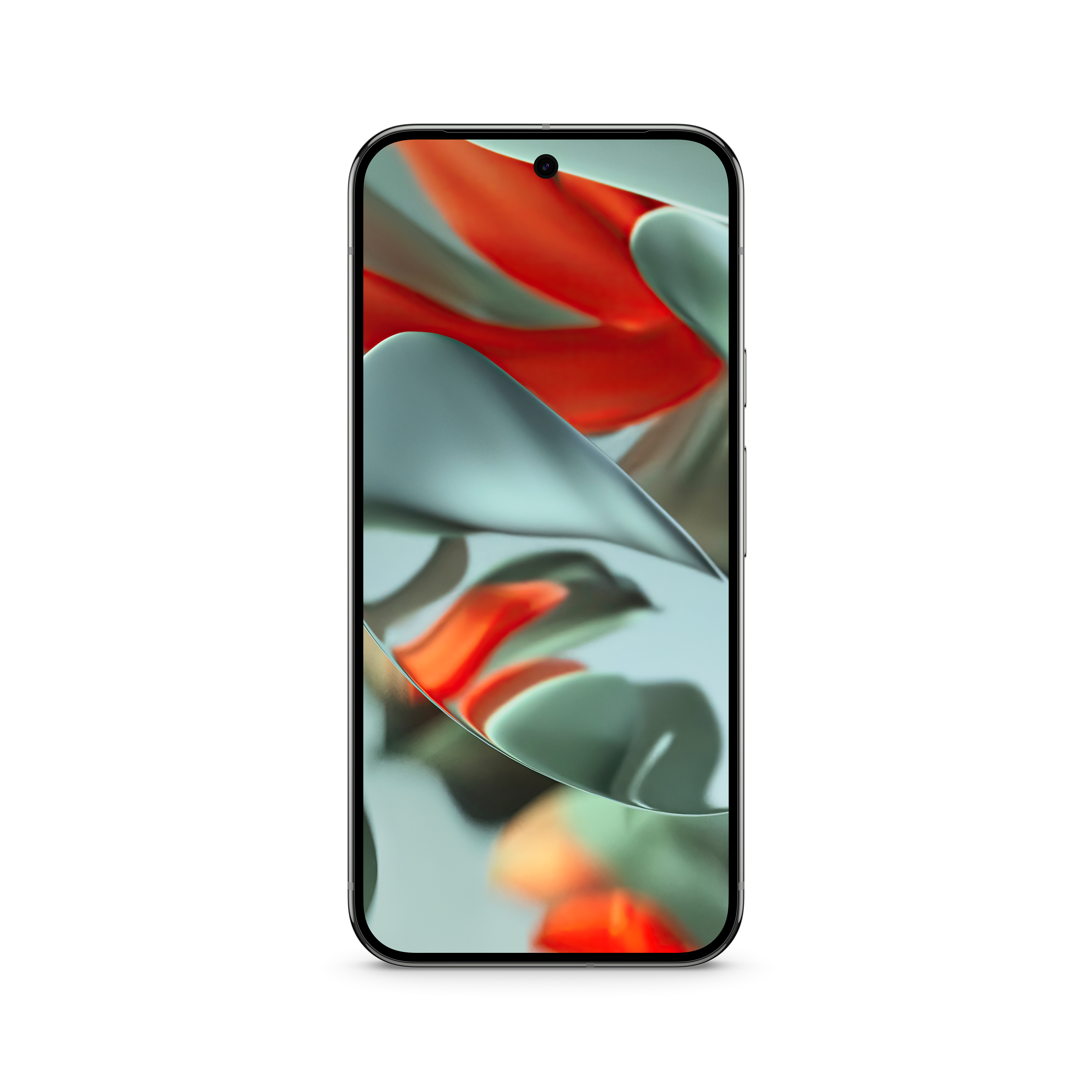 Smartphone mit schwarzem Bildschirm, der ein abstraktes Design mit grünen und orangen Formen zeigt. Schwarzer Rahmen.