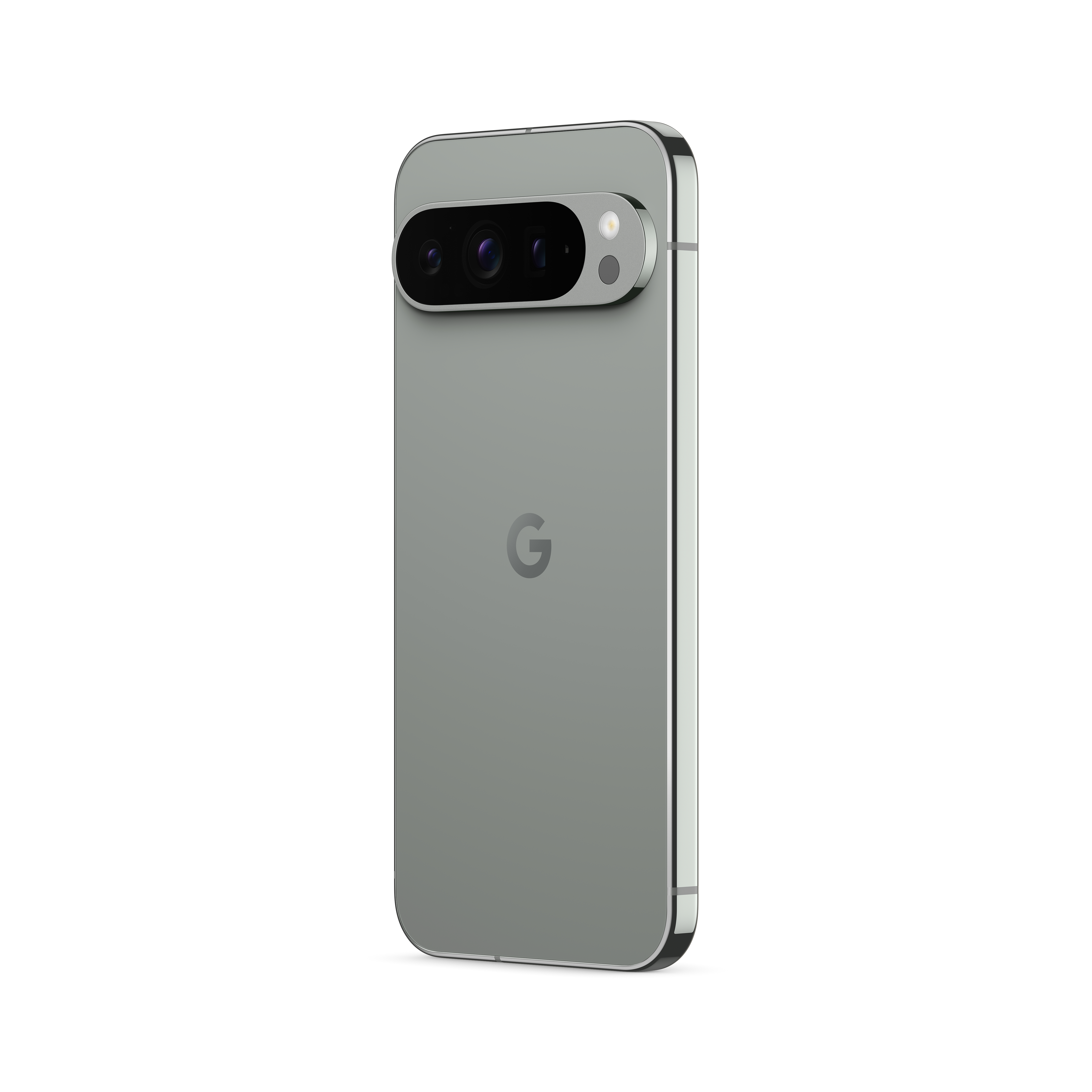 Die Rückseite eines grauen Smartphones mit Kameraleiste und Google 'G'-Logo.