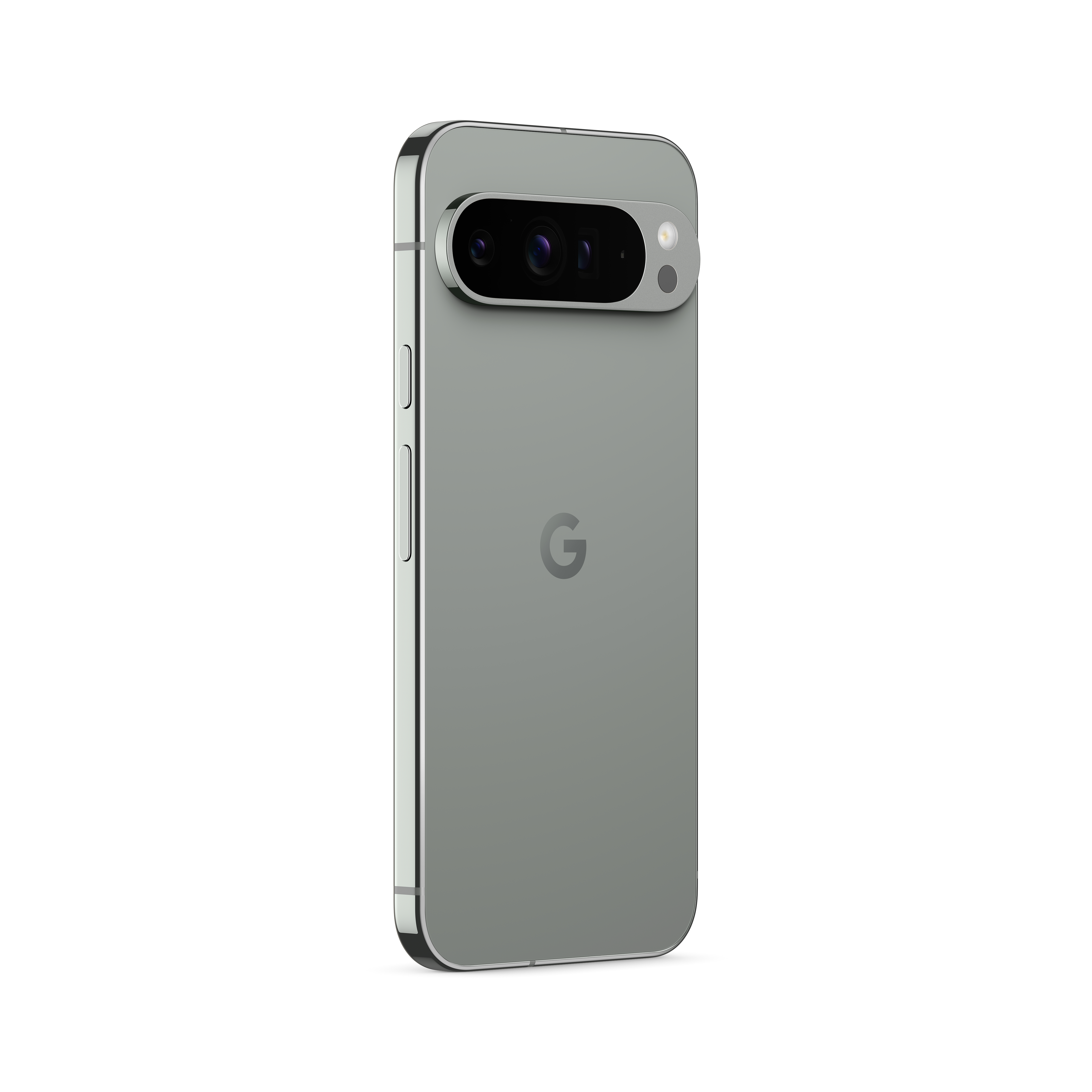 Ein graues Smartphone, nach rechts geneigt, zeigt eine Kameraanordnung auf der Rückseite und einen weißen Hintergrund.