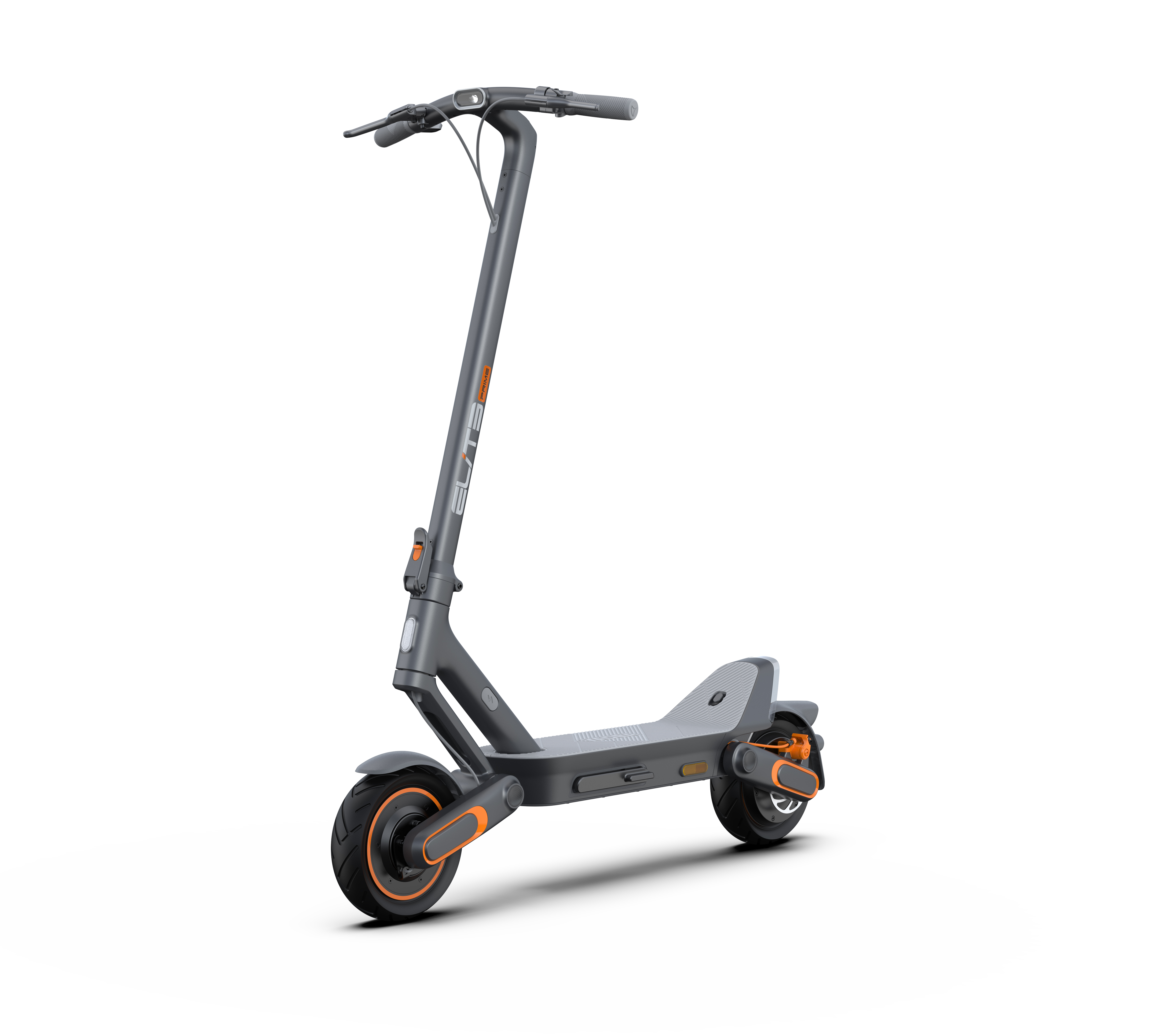 Gri elektrikli scooter, turuncu detaylar, beyaz zemin.