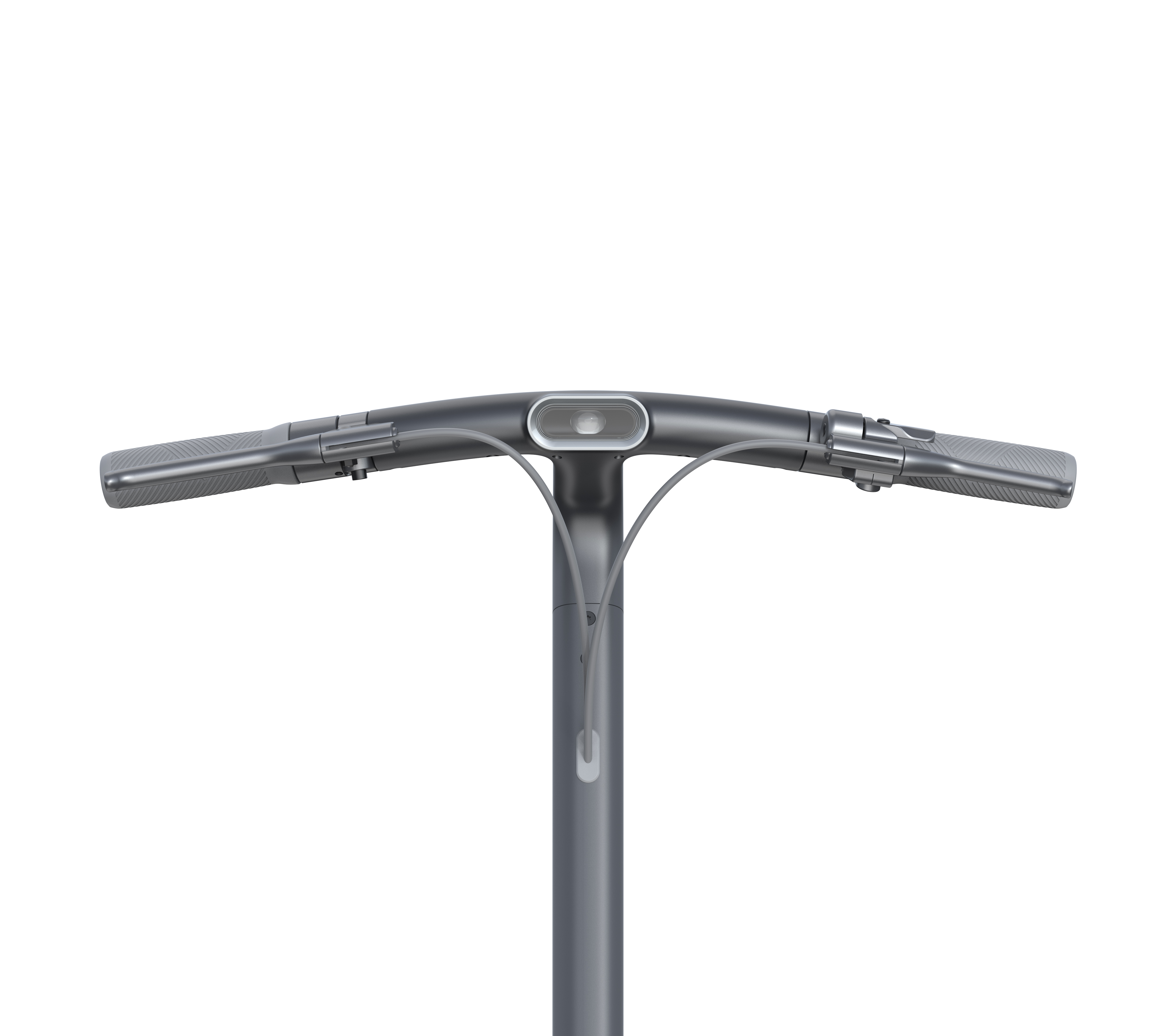 Gri, tutacaklı ve merkezi ışık/düğme elemanlı scooter gidonu.