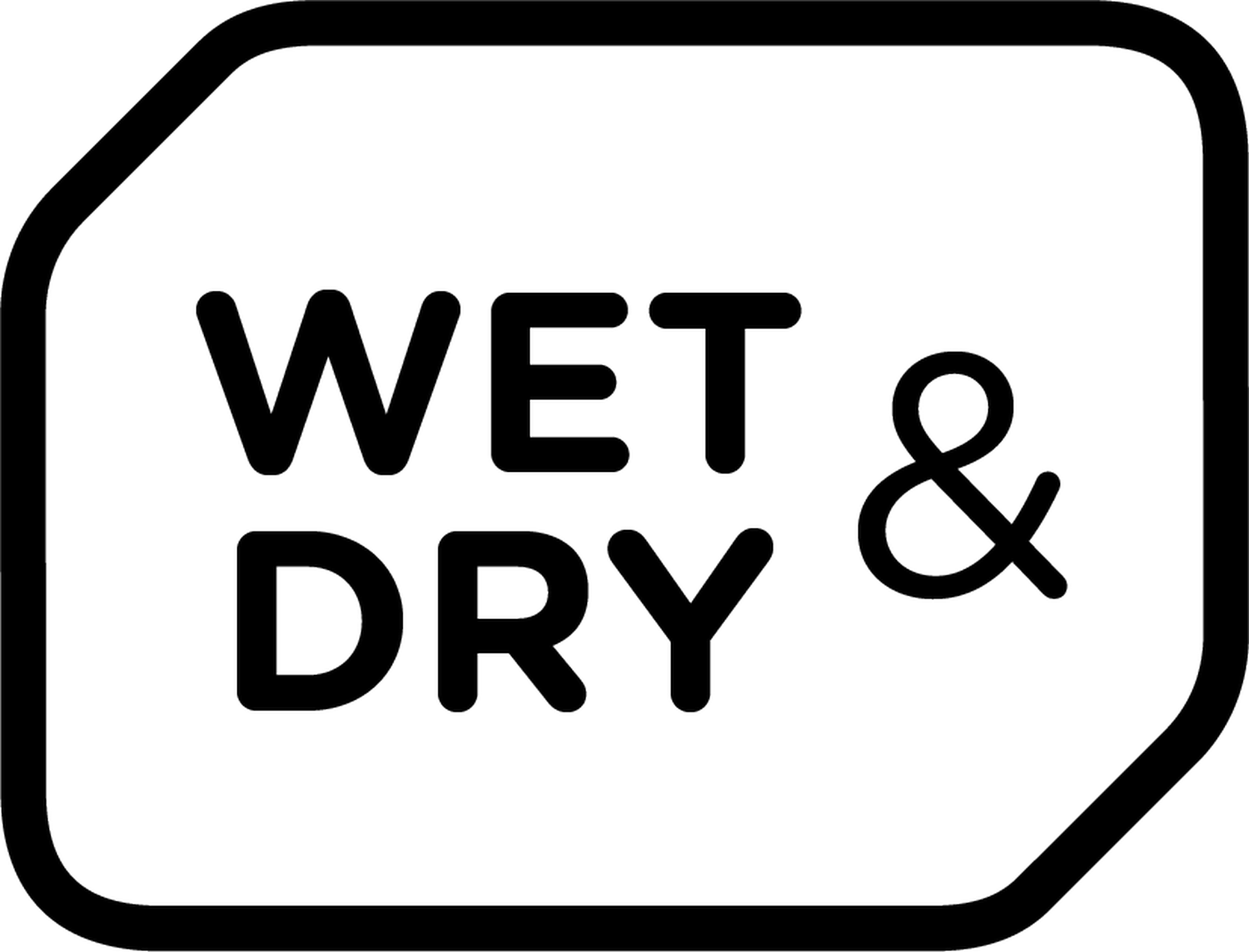 Imagen en blanco y negro de las palabras 'WET & DRY'. El texto está en un rectángulo con esquinas redondeadas.