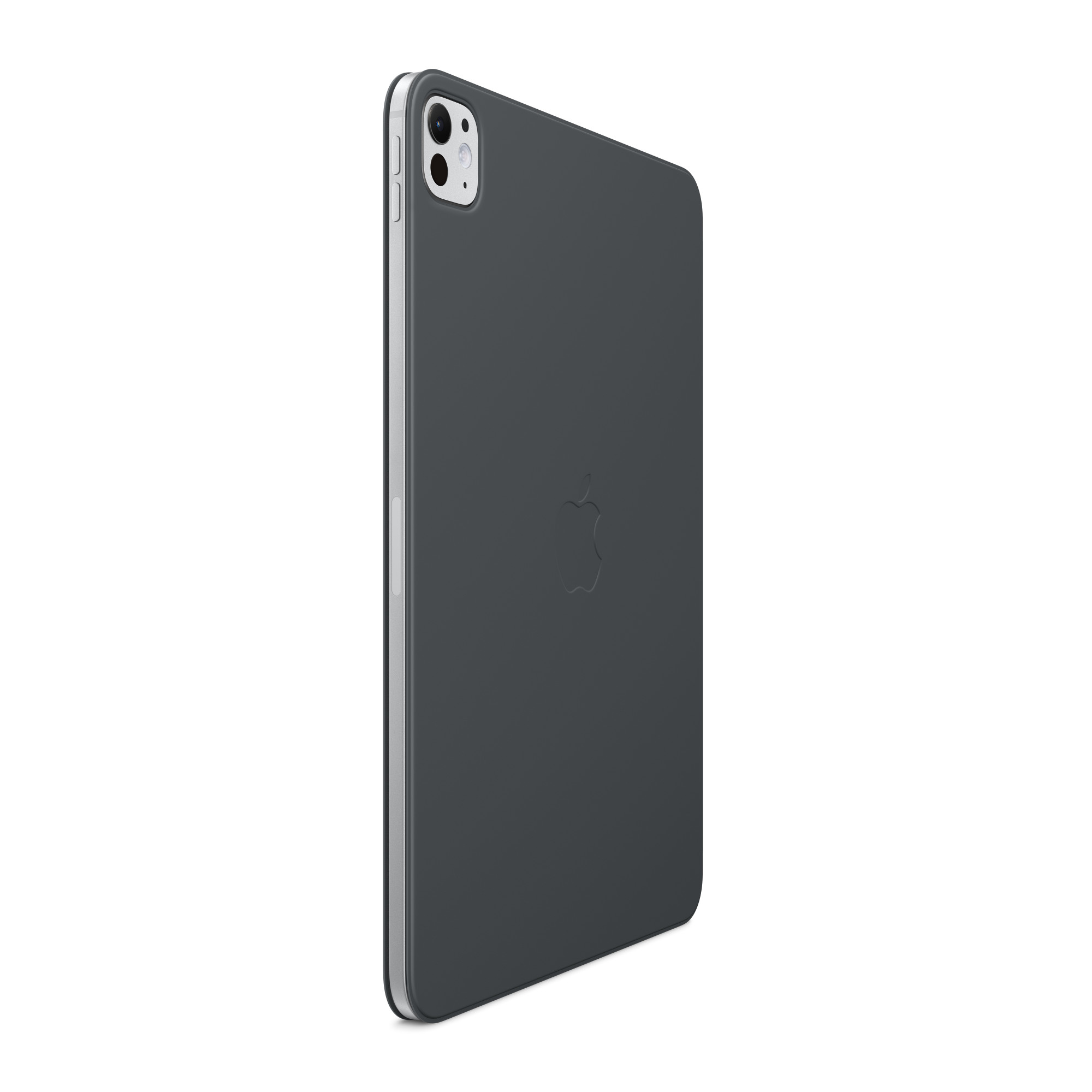 Bir Apple logosu olan koyu gri bir iPad kılıfı.