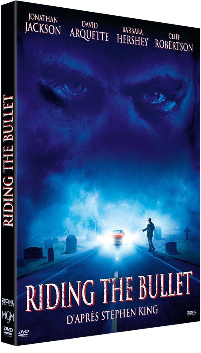 DVD-hoes: Man op een begraafplaats, met een auto op een weg. Titel: Riding the Bullet.