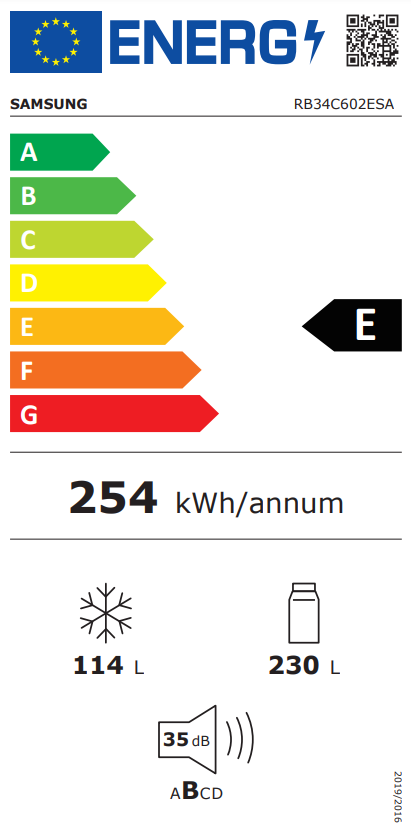 Hűtőszekrény energia cimkéje: Samsung, E besorolás, 254 kWh/év, 114L fagyasztó, 230L hűtő.