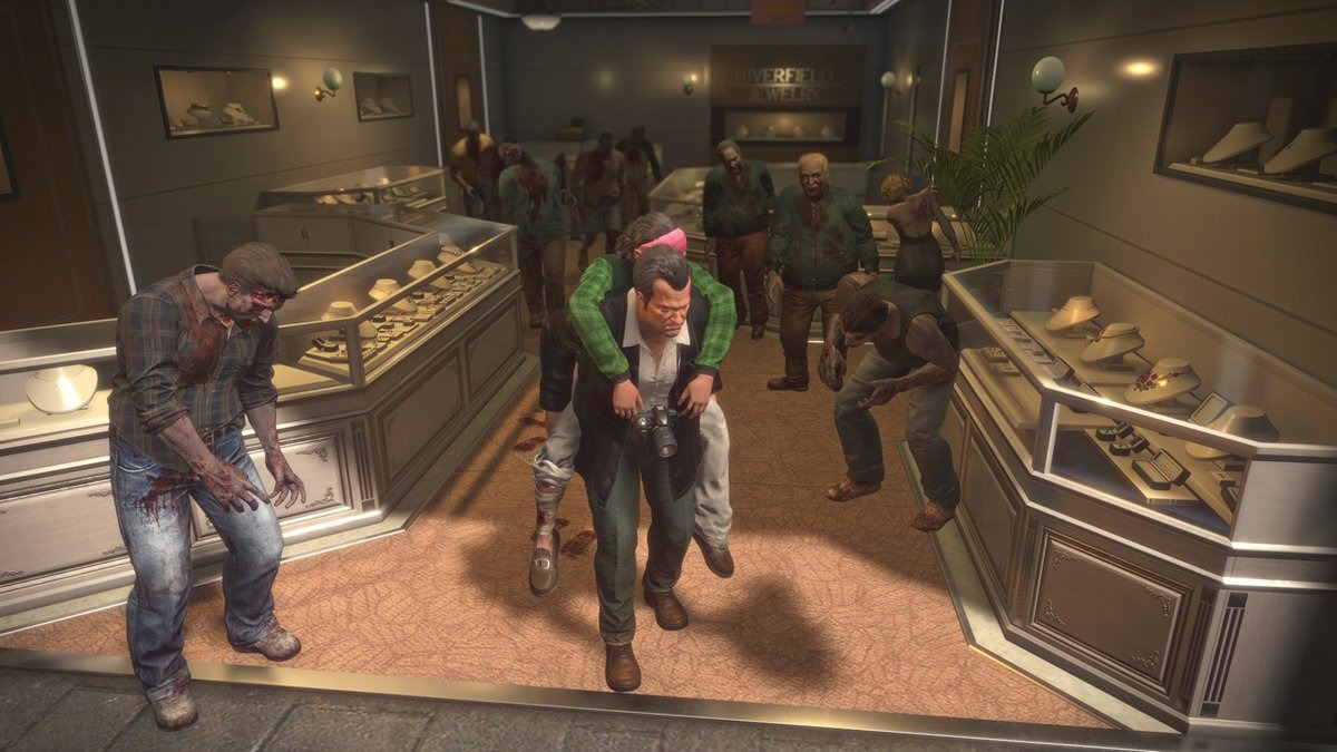 Een door zombies geteisterde juwelier. Een man draagt een ander terwijl zombies naderen.
