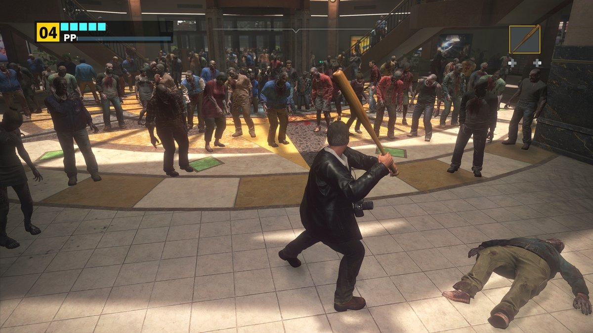 Een man die met een honkbalknuppel op zombies slaat in een winkelcentrum, een op de grond.